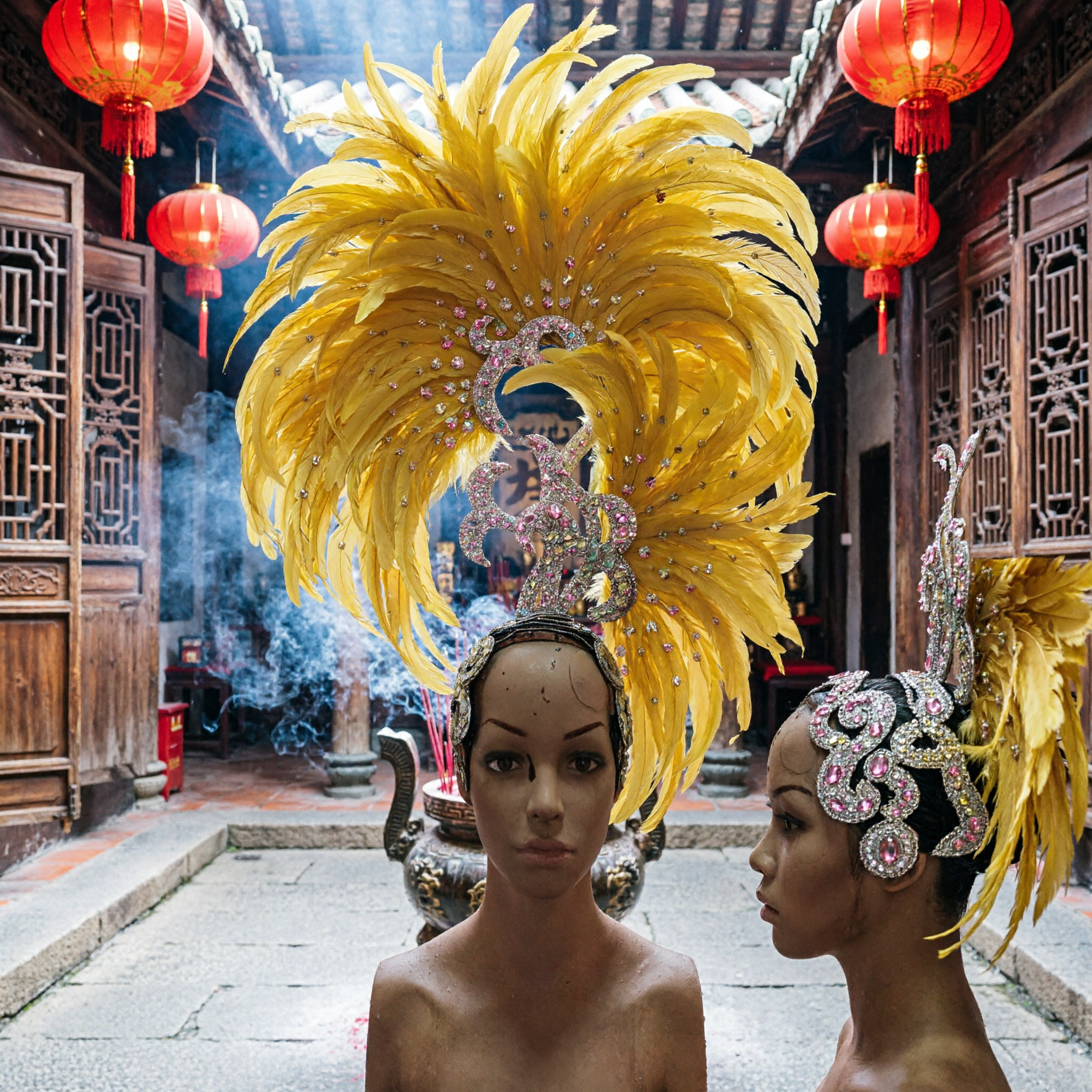 Large Yellow Feather Headdress with Rhinestone Dragon Centerpiece for Carnival Samba Dancer Stage Performance Costume - Asian Costume