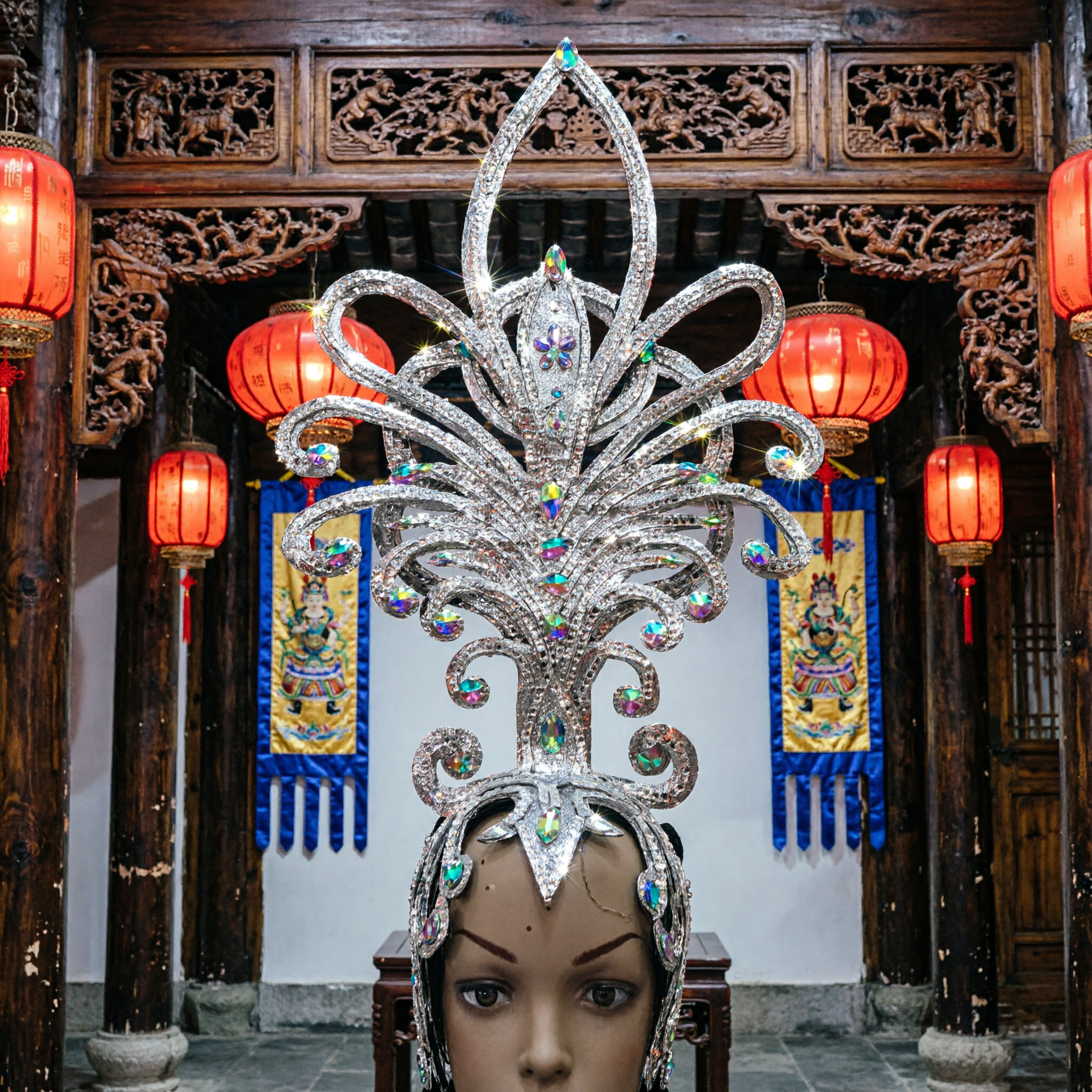 Elaborate Silver Rhinestone Chinese Opera Headpiece Crown for Women Stage Performance and Cosplay - Asian Costume