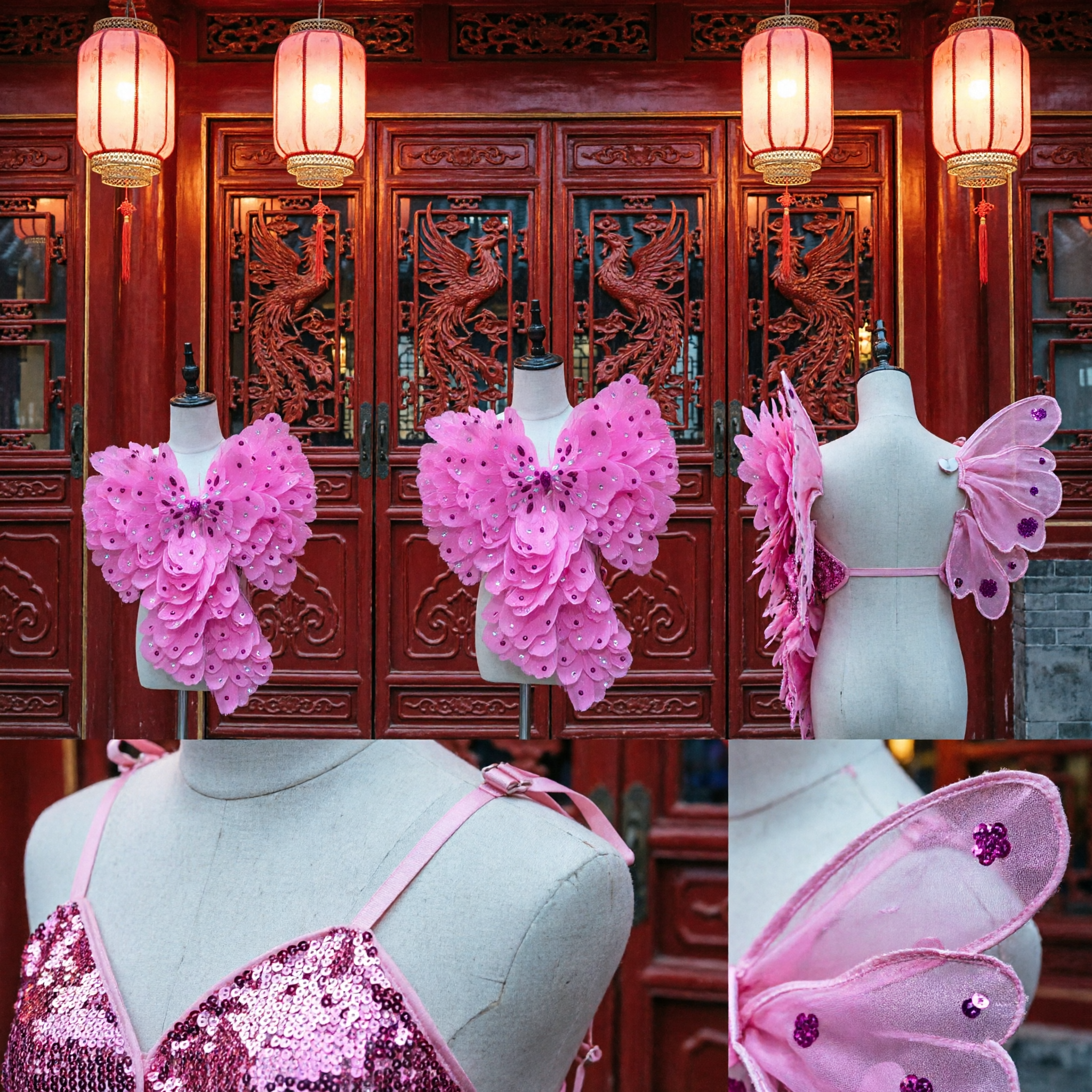 Vibrant Pink Sequin Butterfly Wings Back Accessory for Stage Dance Performance and Carnival Fairy Costumes - Asian Costume