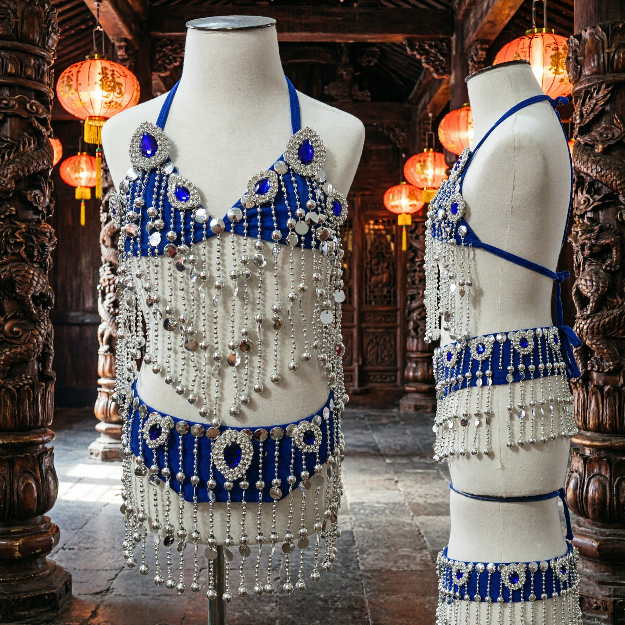 Royal Blue Beaded Halter Bra Top Belly Dance Burlesque Costume with Long Fringe for Women Performers - Asian Costume