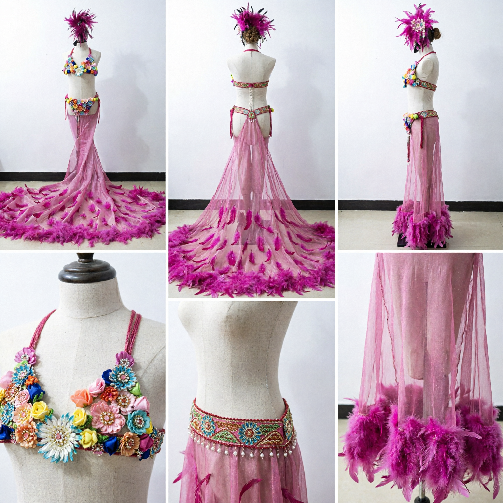 Vibrant Purple Feather Carnival Costume for Women, Samba Dance Showgirl Outfit with Floral Top and Mermaid Skirt - Asian Costume