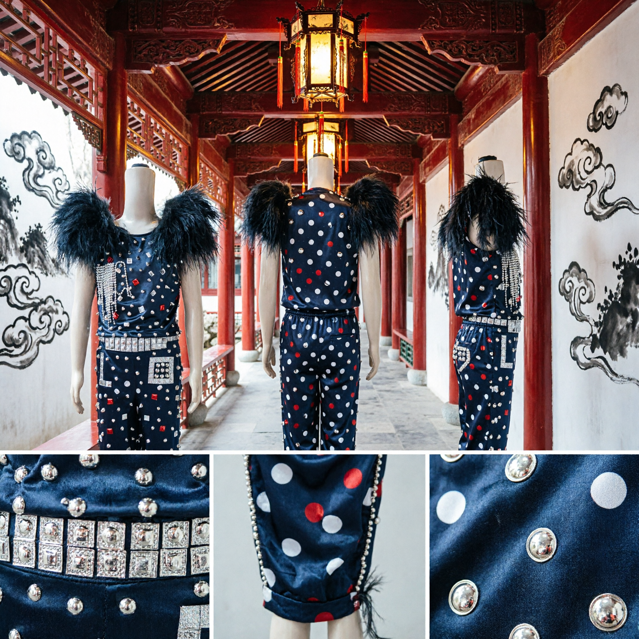 Black Feather Shoulder Sequin Jumpsuit Stage Performance Costume for Kids Modern Jazz Dance - Asian Costume