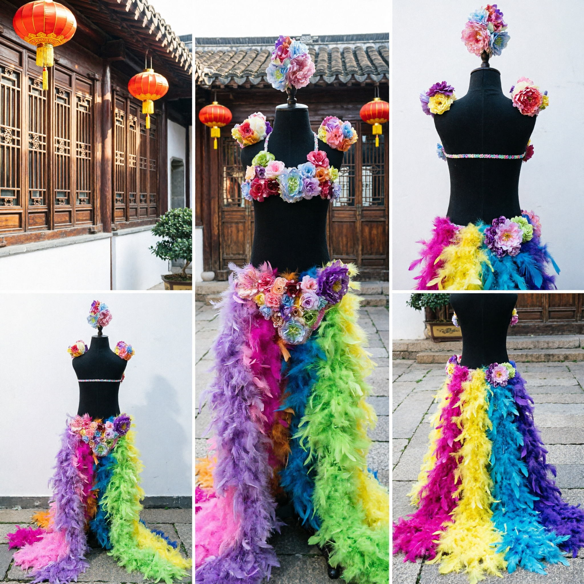 Colorful Floral Feather Hula Skirt Set with Necklace and Headpiece for Women Carnival Samba Performance - Asian Costume