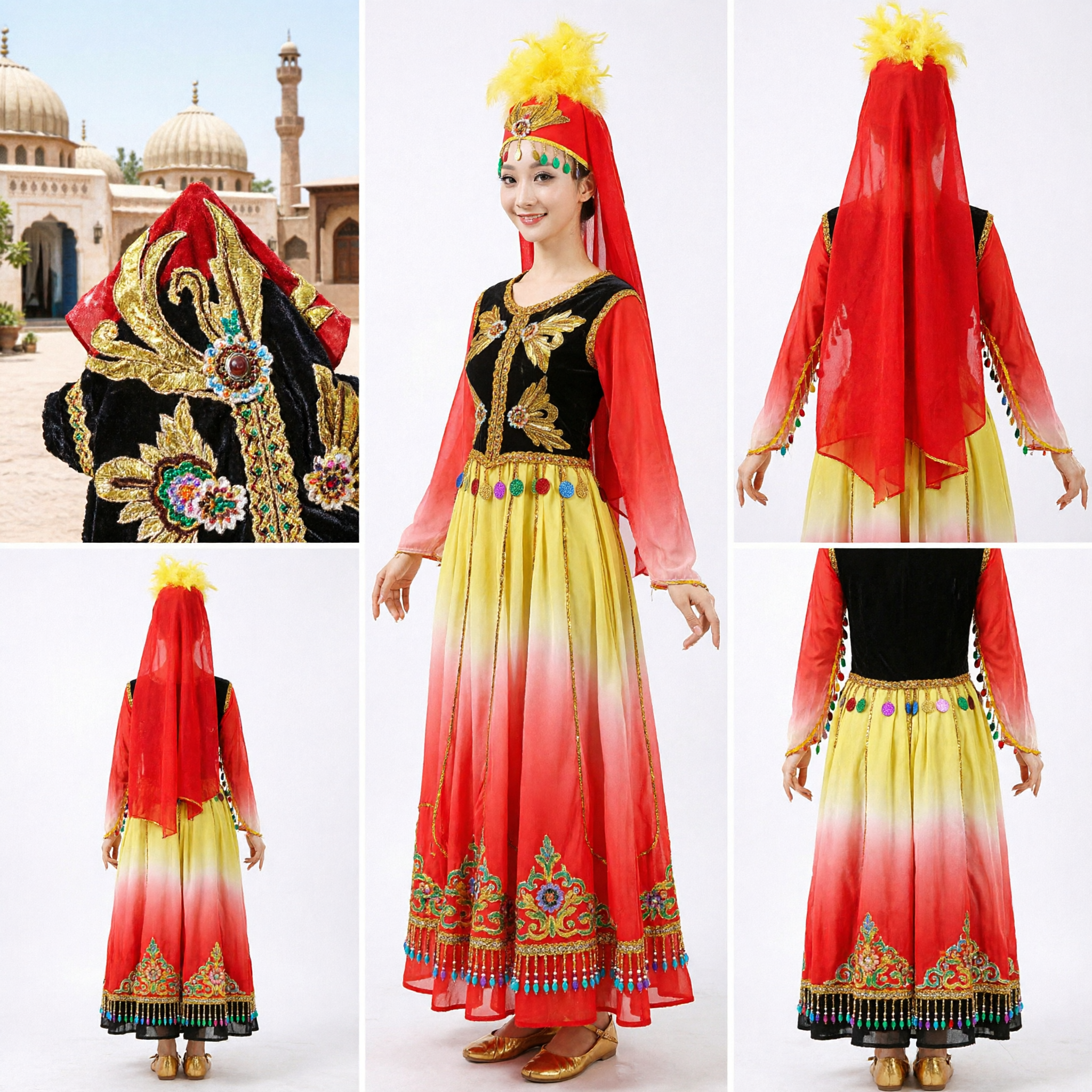 Women's Traditional Xinjiang Dance Costume Uyghur Folk Stage Performance Dress with Embroidered Vest and Gradient Skirt - Asian Costume