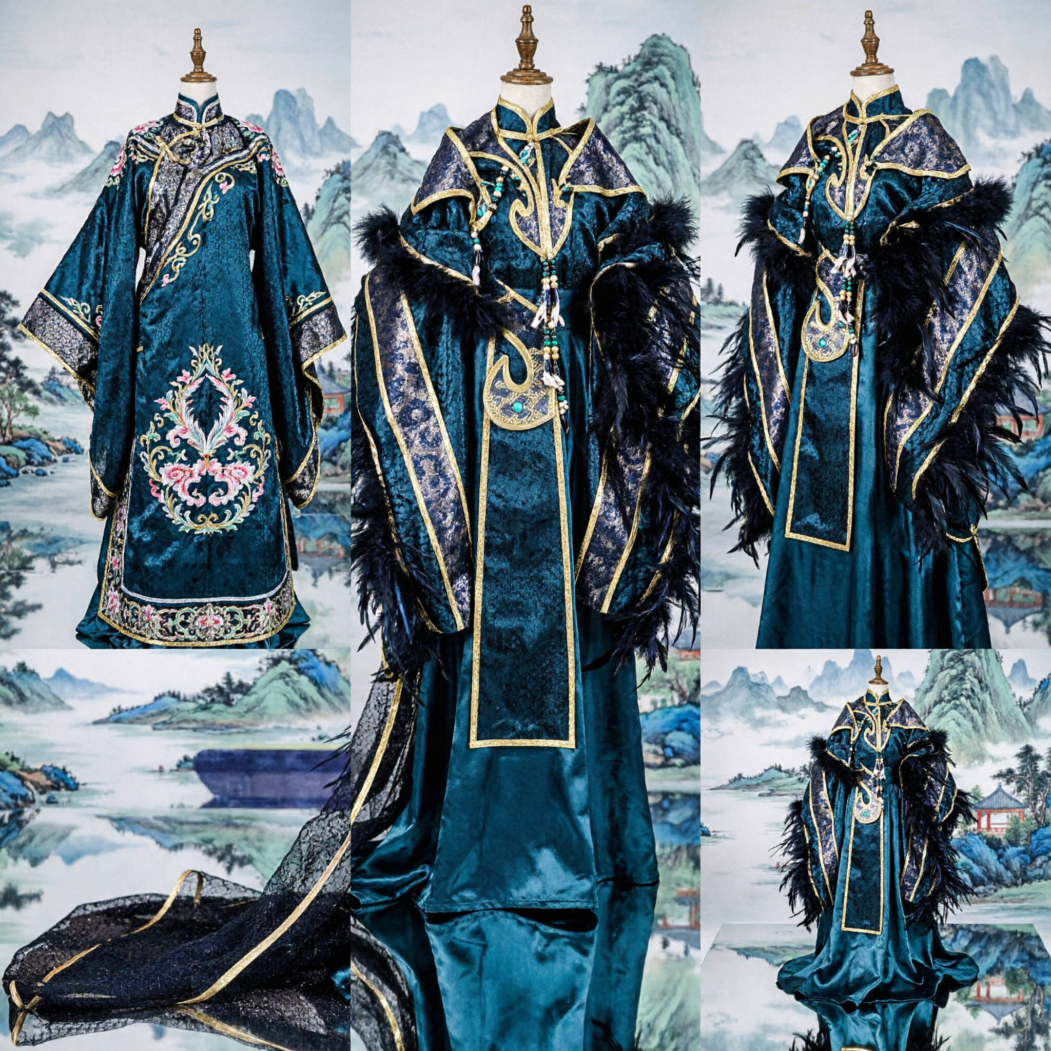 Traditional Chinese Ancient General Costume Blue Gold Embroidery Robe with Feathers for Men Cosplay Stage Performance - Asian Costume
