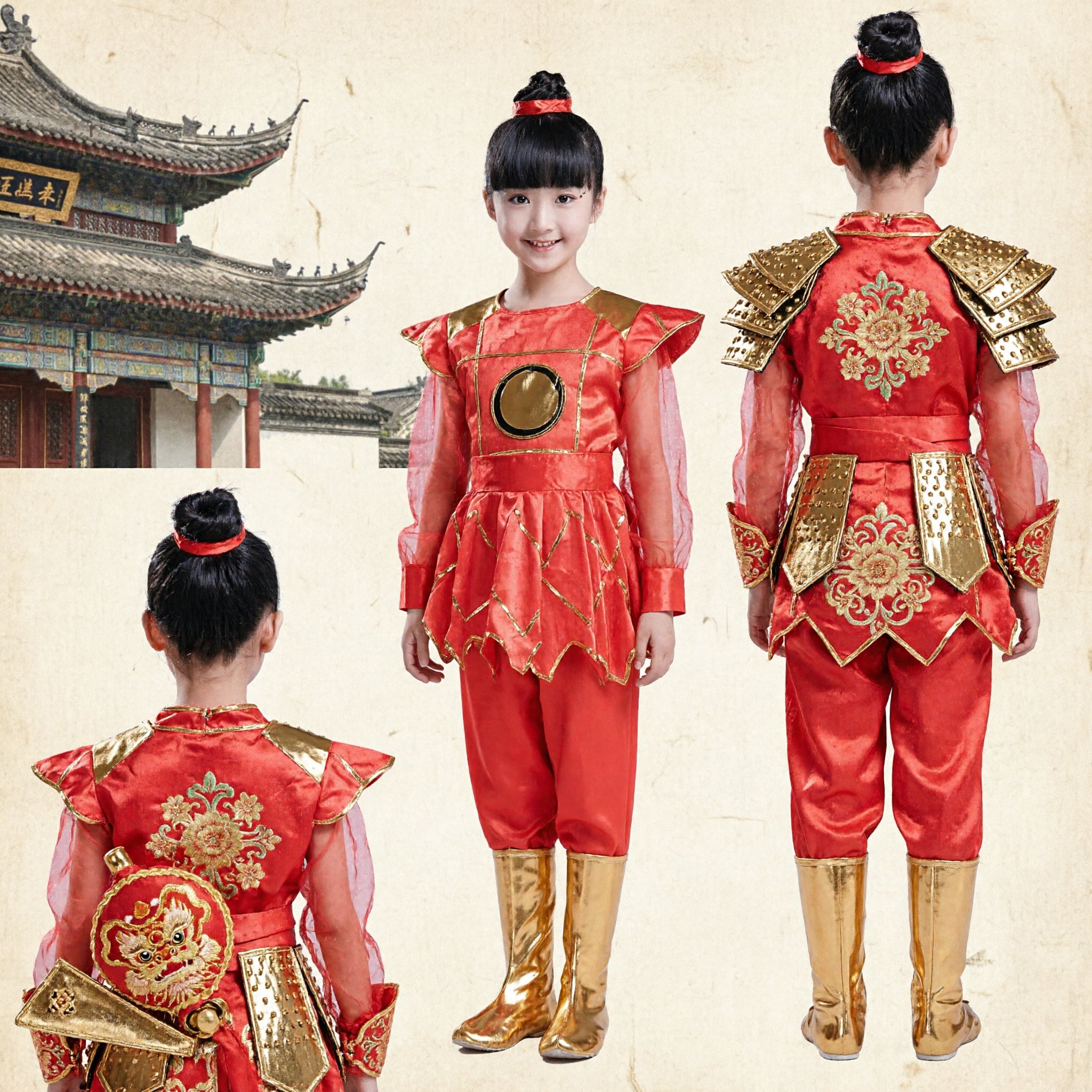 Traditional Chinese Folk Dance Costume Red Martial Arts Warrior Outfit for Kids Girls Performance - Asian Costume