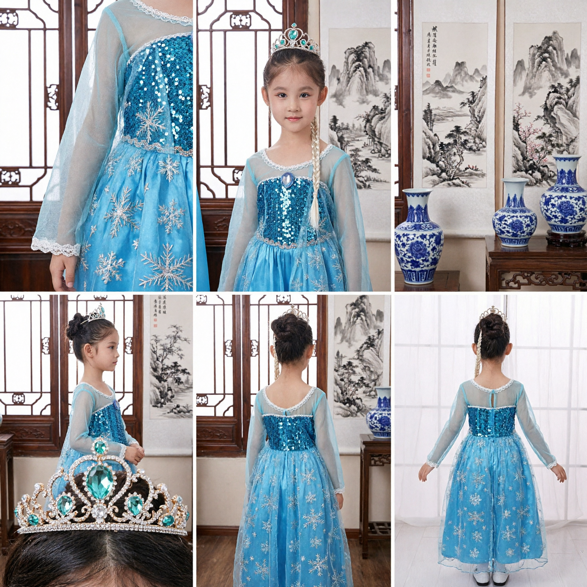 Girls Frozen Elsa Princess Costume Blue Sequin Dress with Crown and Wand for Halloween Party - Asian Costume