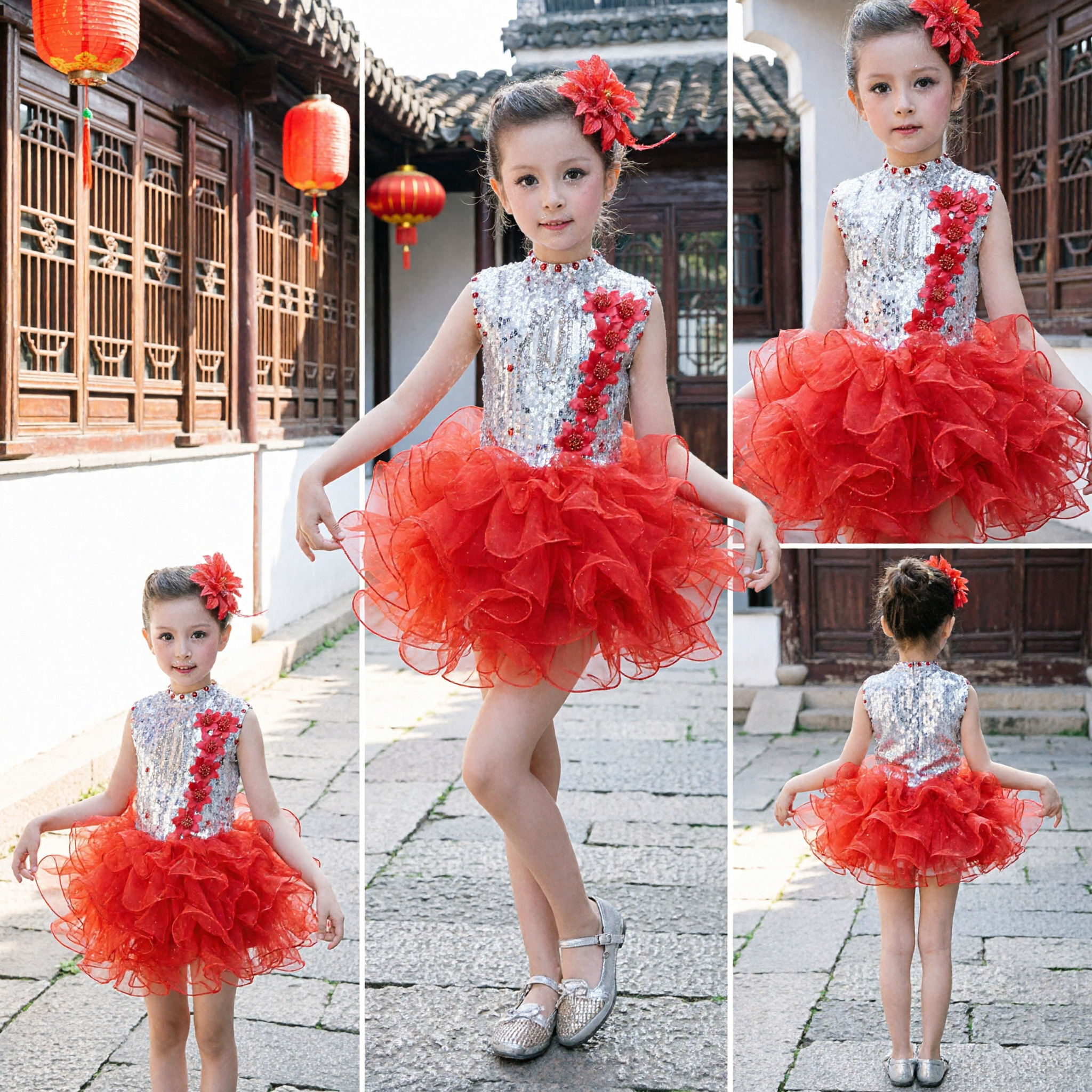 Kids Girls Latin Dance Costume Red Ruffle Tutu Sequin Top Ballroom Performance Outfit - Asian Costume