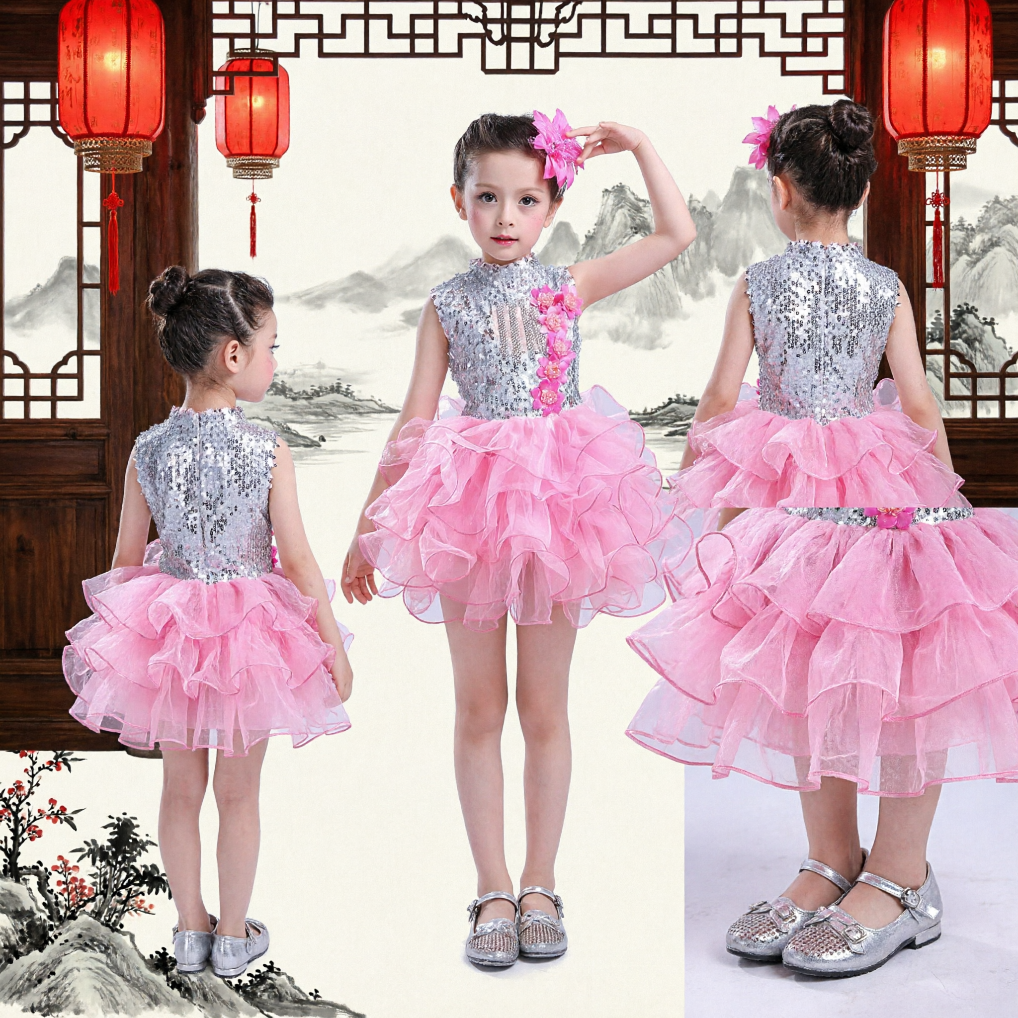 Kids Girls Modern Dance Costume Silver Sequin Bodice Pink Ruffled Tutu Skirt Stage Performance Outfit - Asian Costume