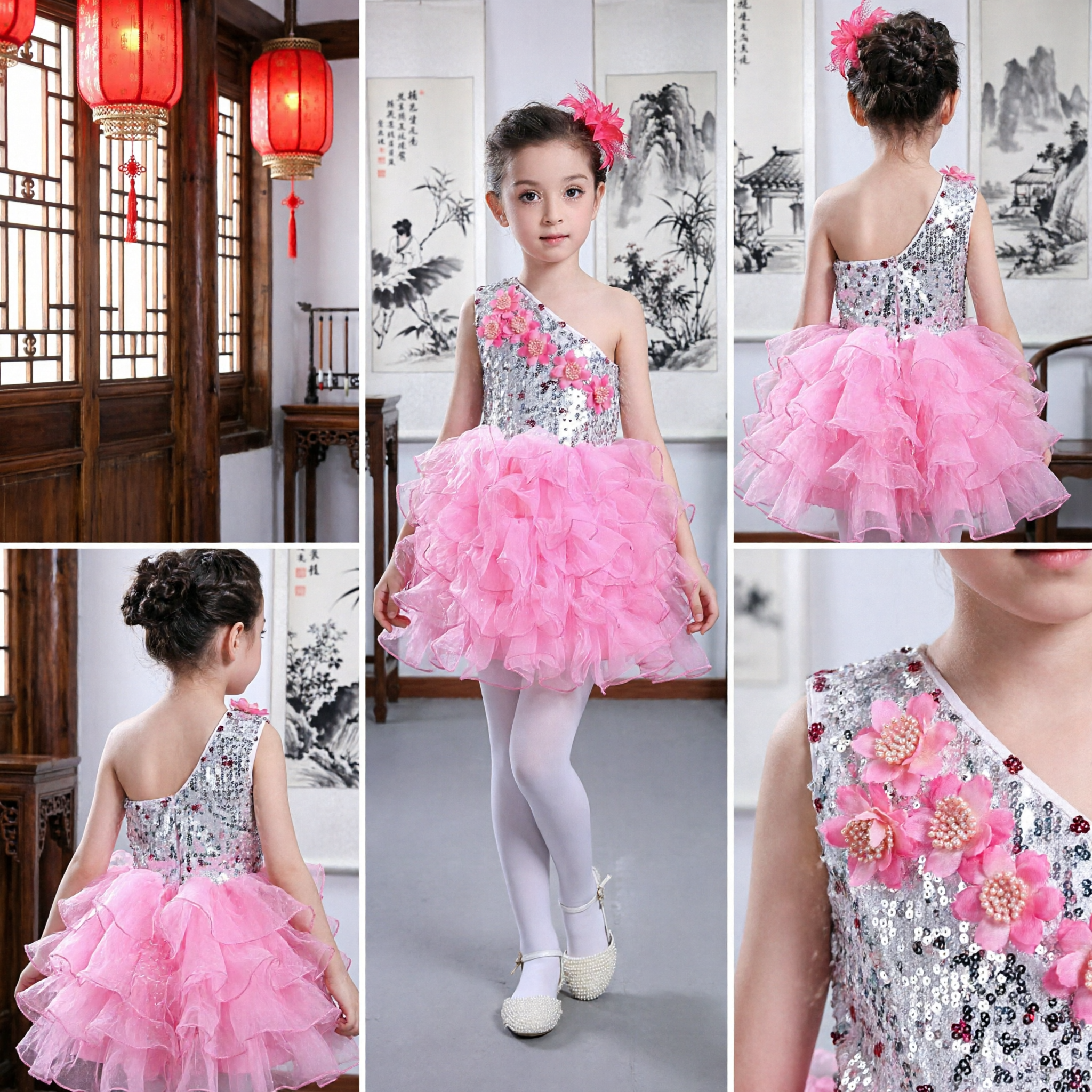 Kids Girls Pink Sequin One-Shoulder Ballet Dance Dress Floral Tulle Skirt Stage Performance Costume - Asian Costume