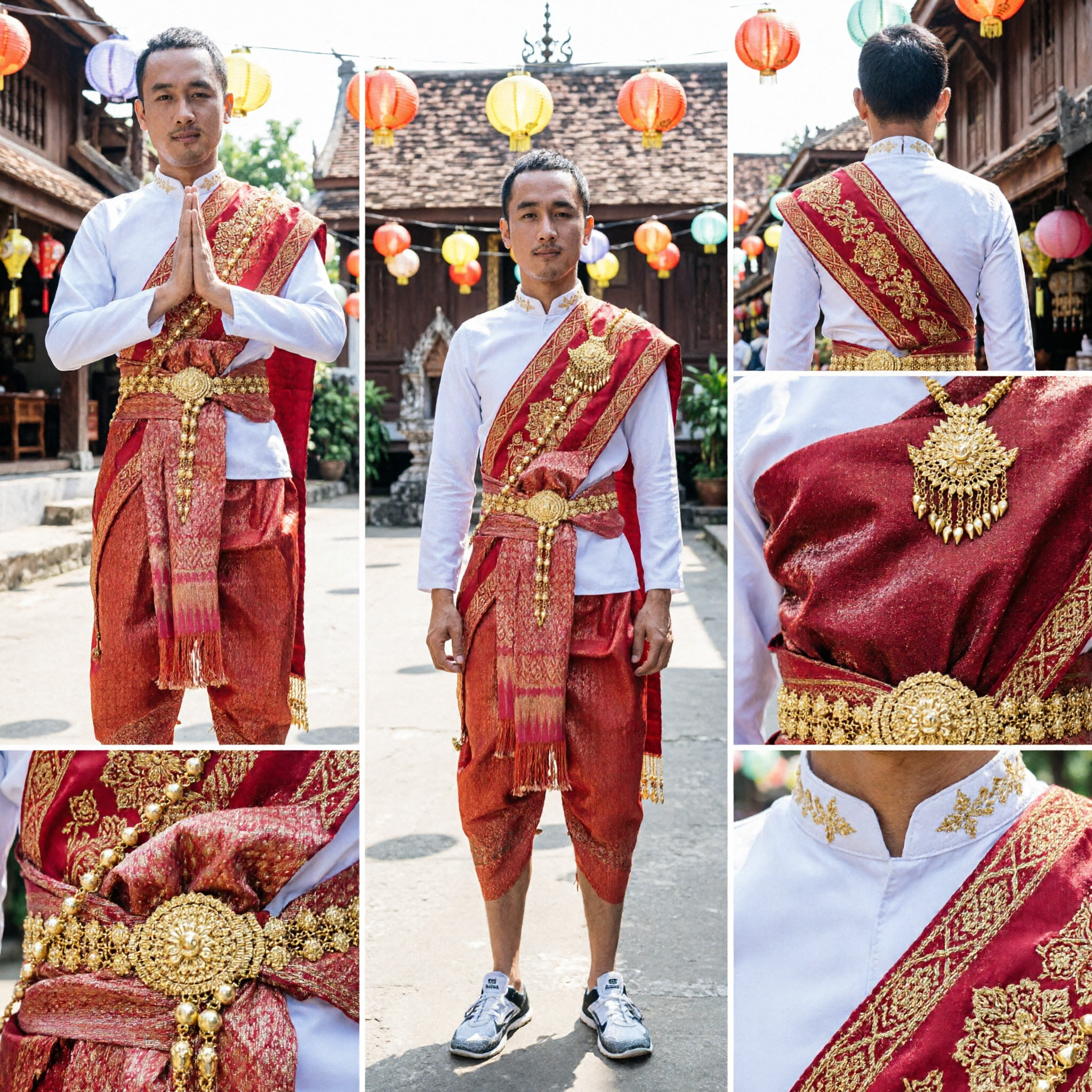 Men's Traditional Thai Costume Red and Gold Formal Suit for Cultural Dance and Weddings - Asian Costume