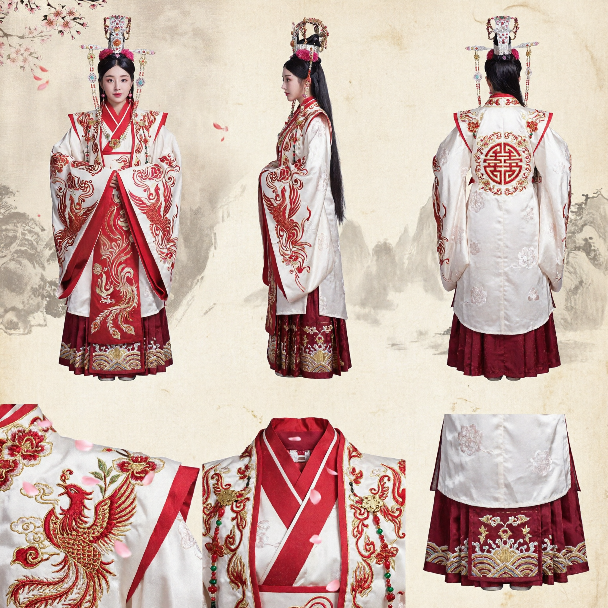 Traditional Chinese Hanfu Costume Ancient Empress Phoenix Robe Red and White Embroidery Dress for Women Wedding Cosplay - Asian Costume
