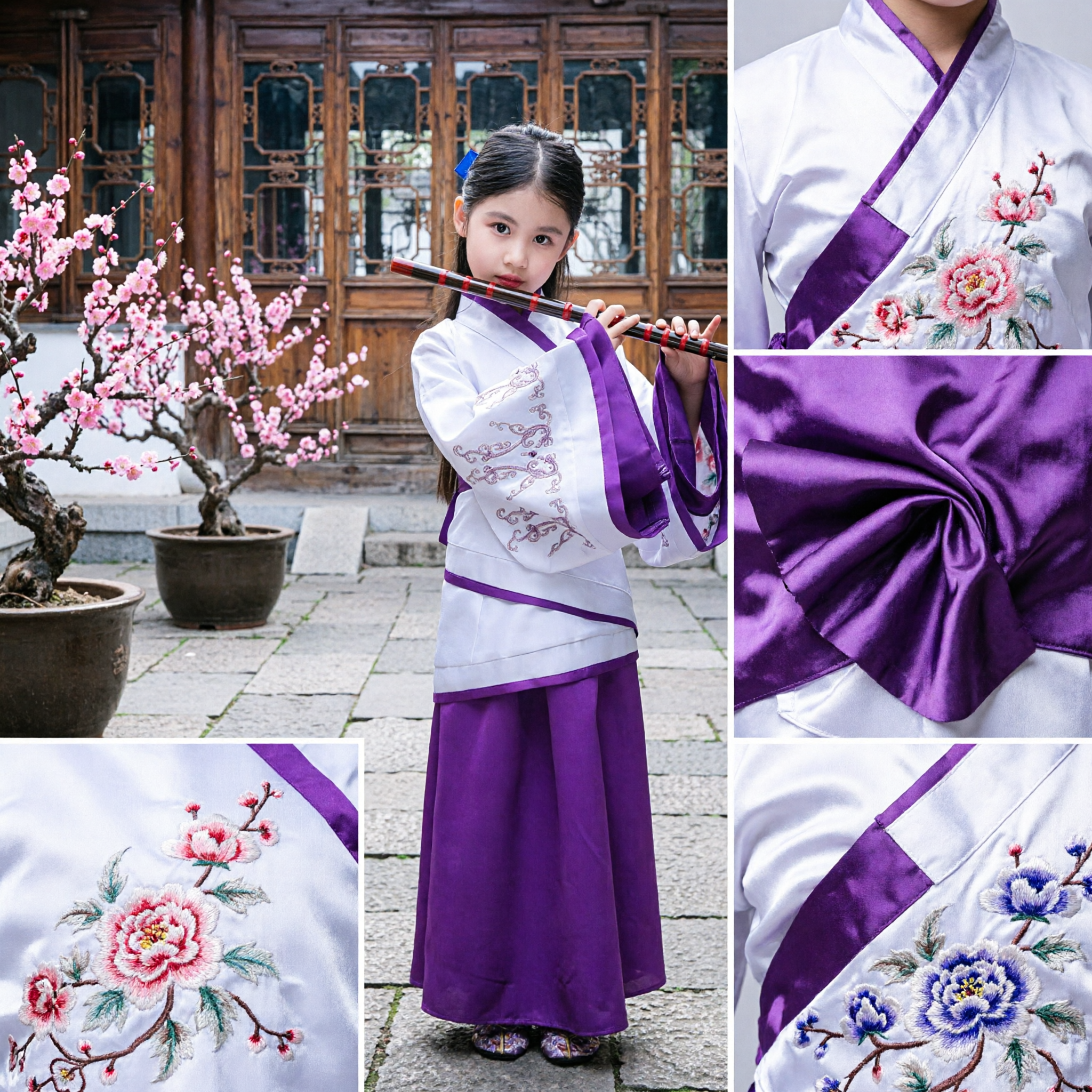 Traditional Chinese Hanfu Costume for Girls Purple and White Ancient Dress for Kids Stage Performance - Asian Costume