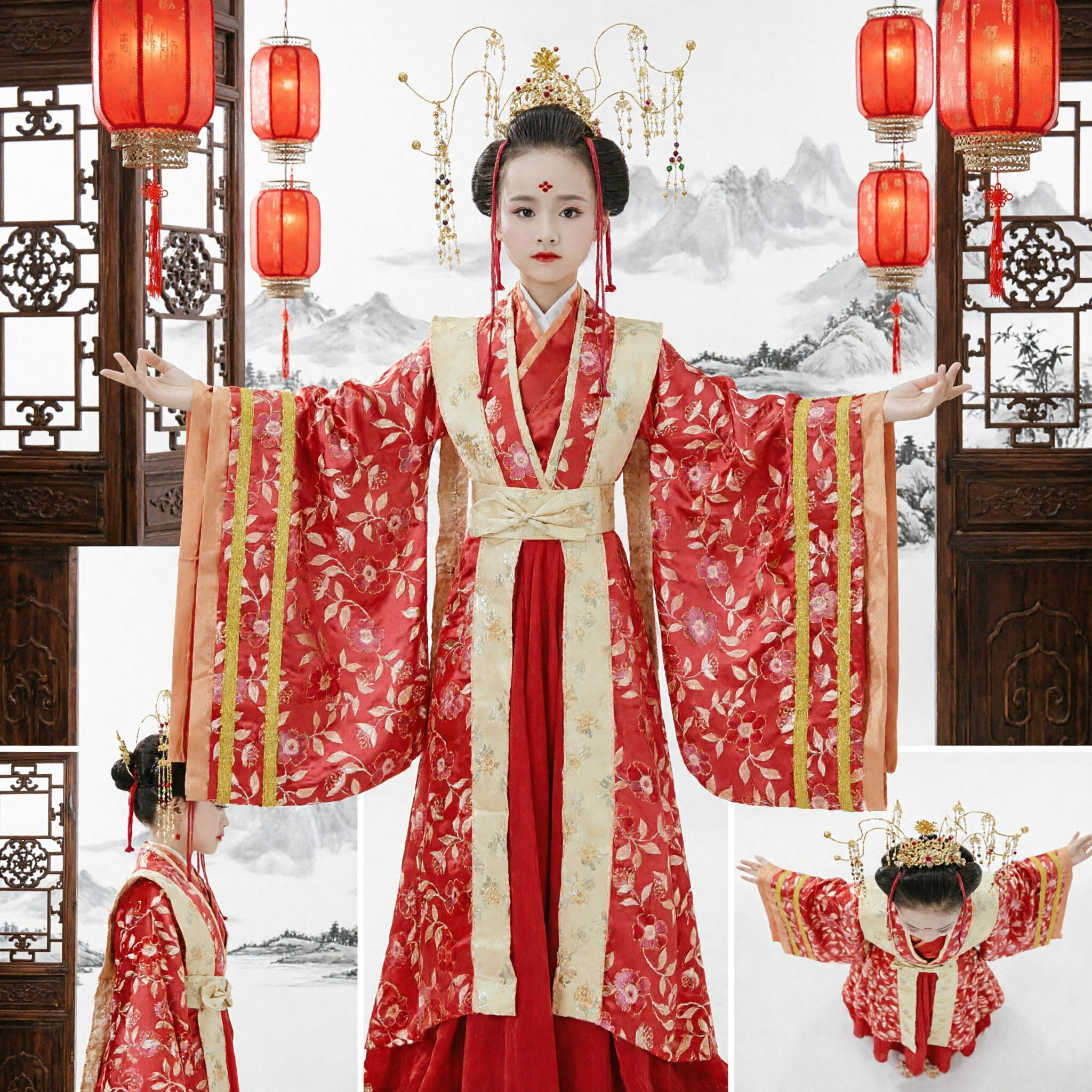 Kids Traditional Chinese Hanfu Costume Red Floral Ancient Princess Dress for Girls Stage Performance - Asian Costume