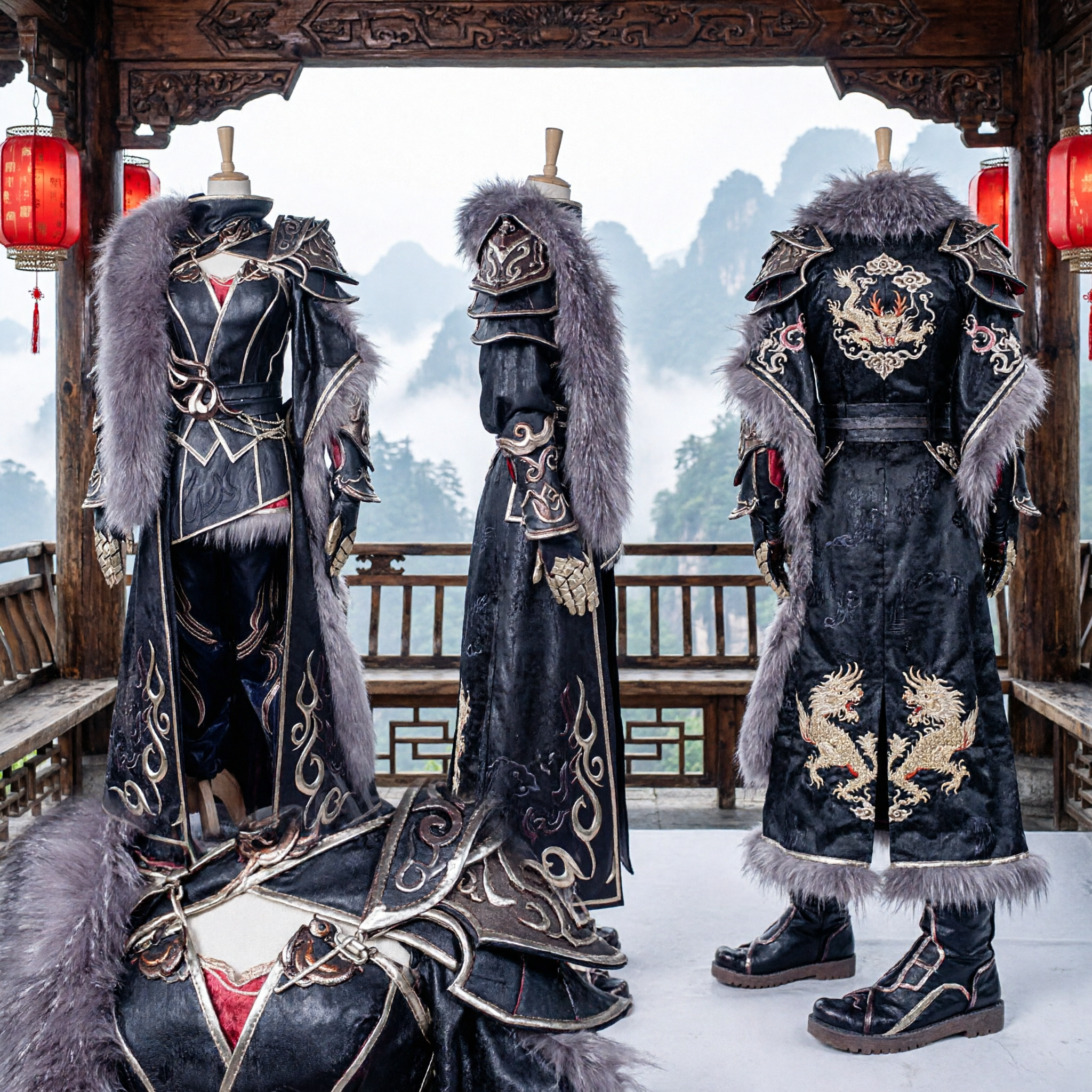 Men's Black Ancient Chinese General Cosplay Costume Wuxia Warrior Armor Outfit with Fur for Halloween - Asian Costume