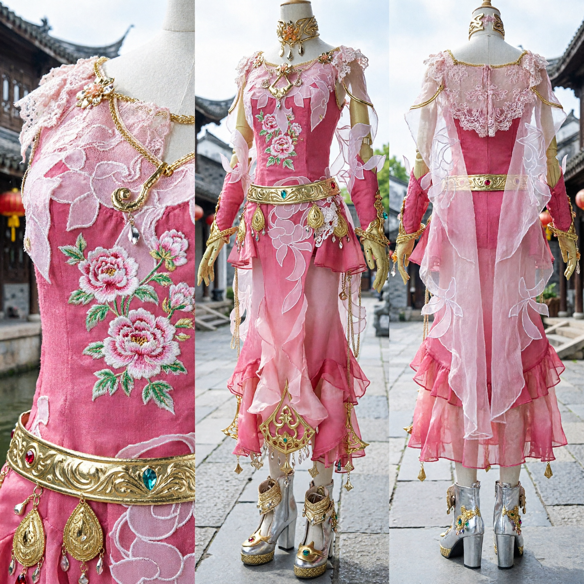 Pink Chinese Xianxia Fantasy Goddess Cosplay Costume with Gold Armor Accessories for Women Stage Performance - Asian Costume