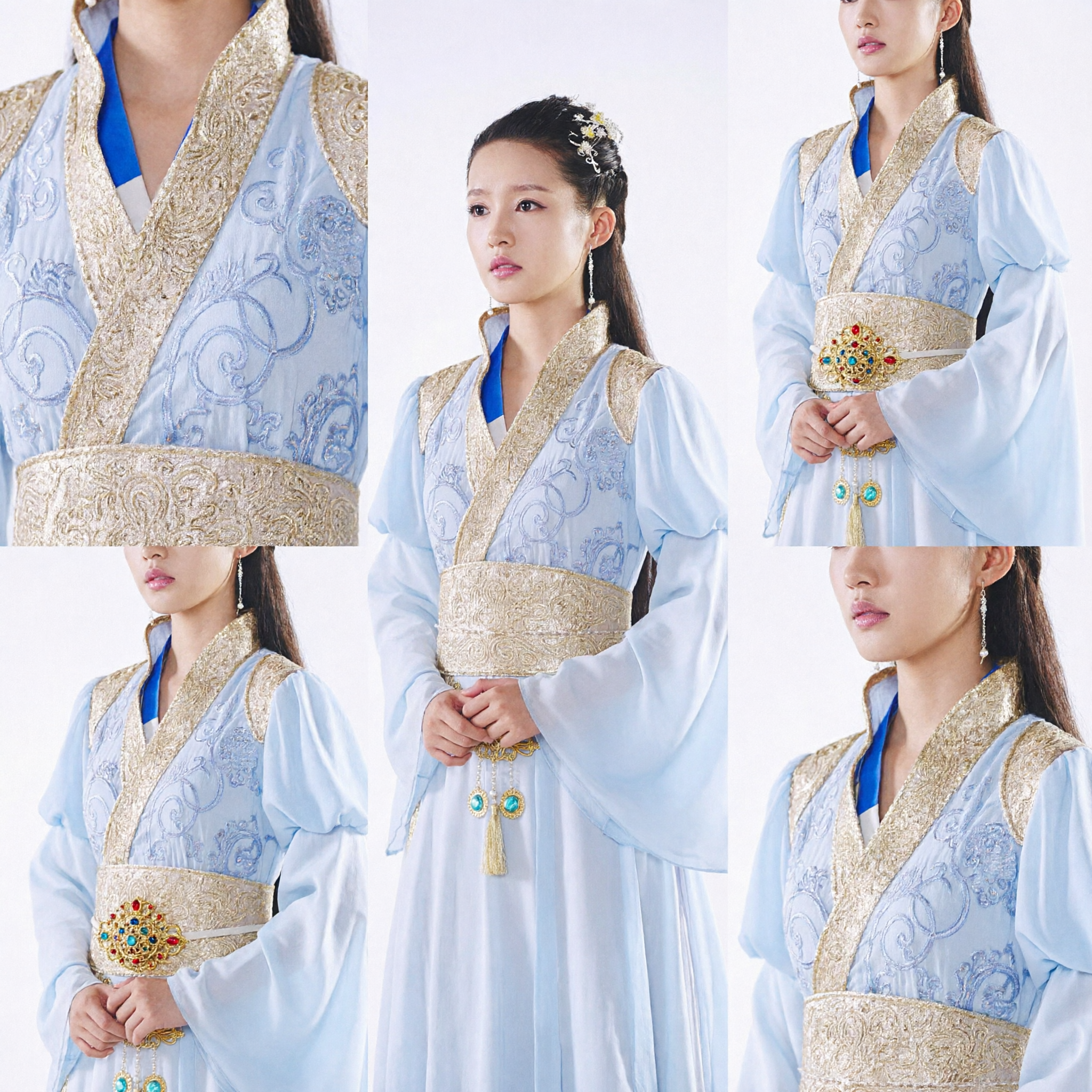 Elegant Light Blue Chinese Ancient Costume Hanfu Dress with Gold Embroidery for Women Historical Cosplay - Asian Costume
