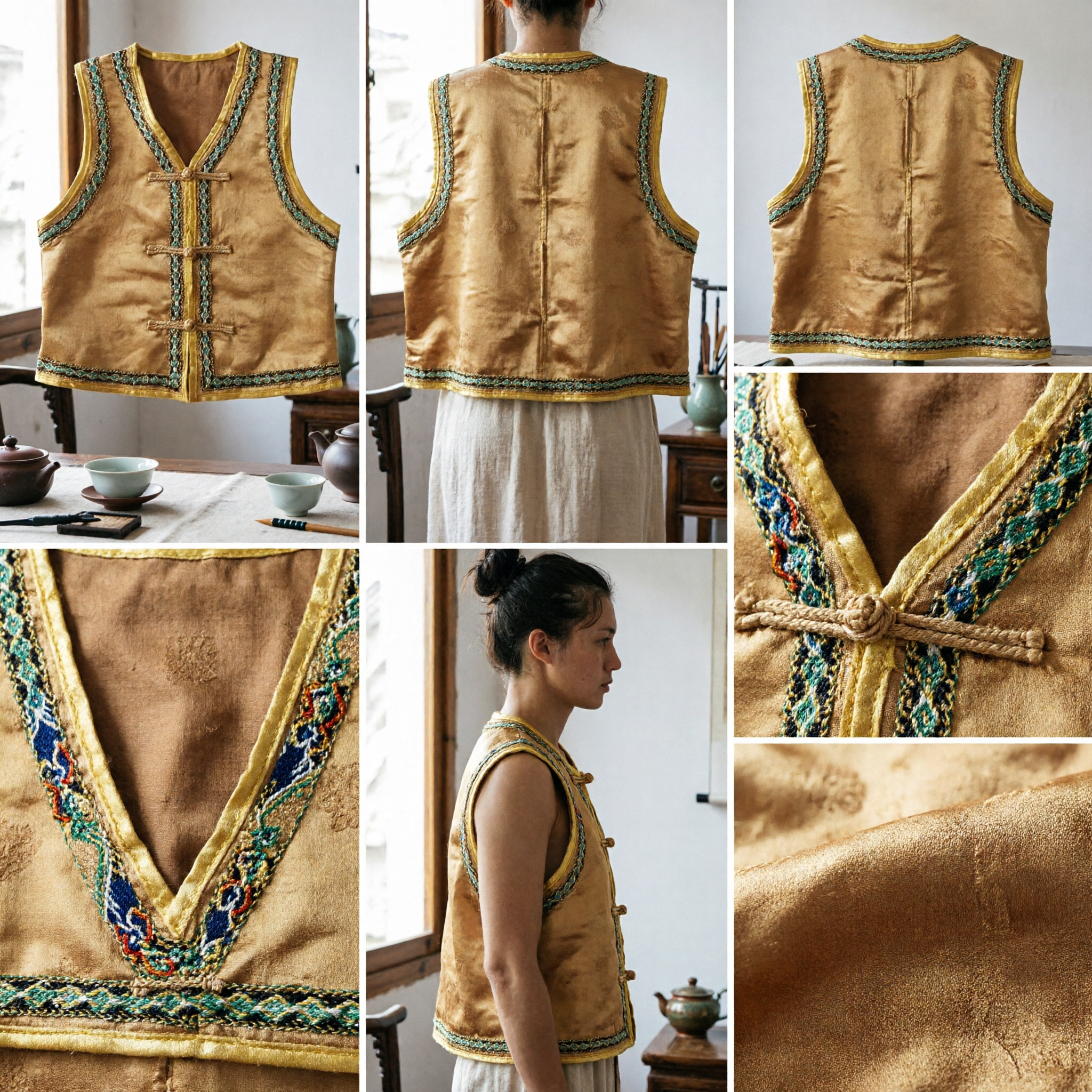 Traditional Chinese Gold Brocade Vest Tang Suit Waistcoat with Frog Buttons for Festival Performance - Asian Costume