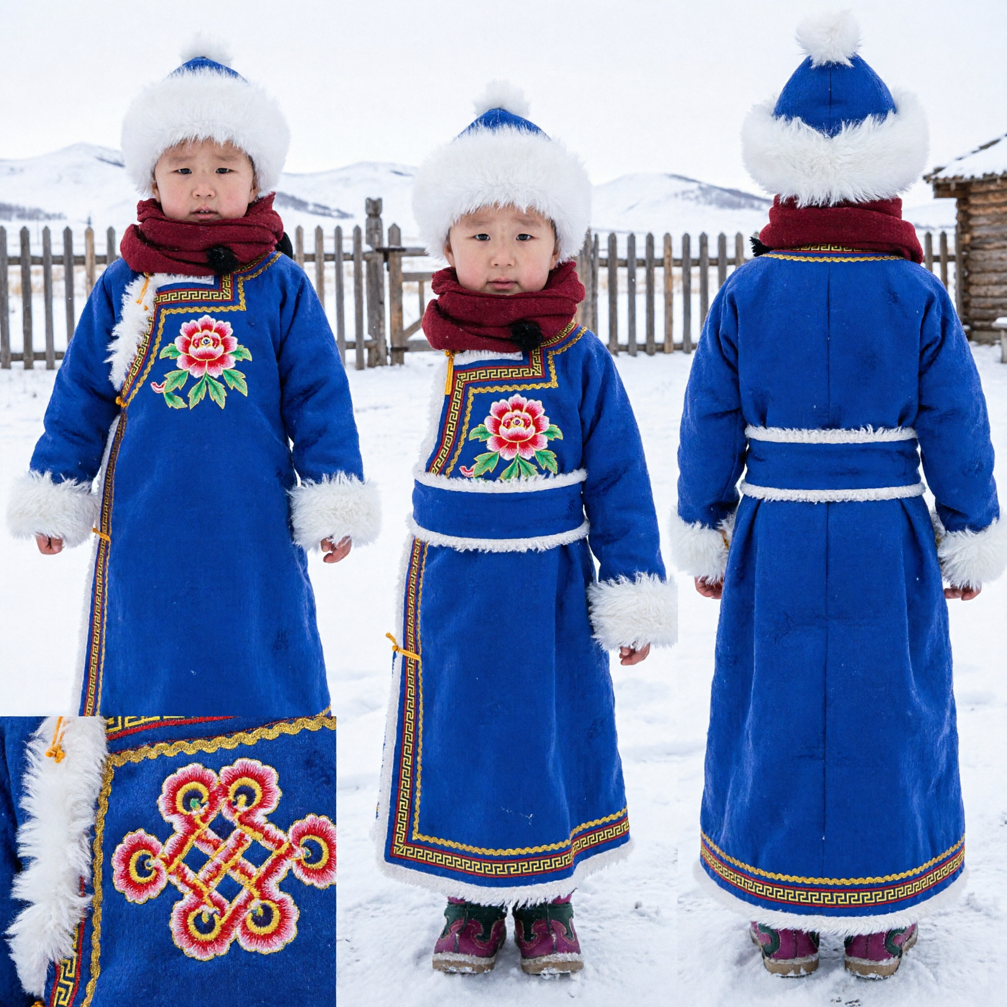 Traditional Mongolian Blue Winter Robe for Kids Ethnic Costume Set with Fur Hat and Scarf - Asian Costume
