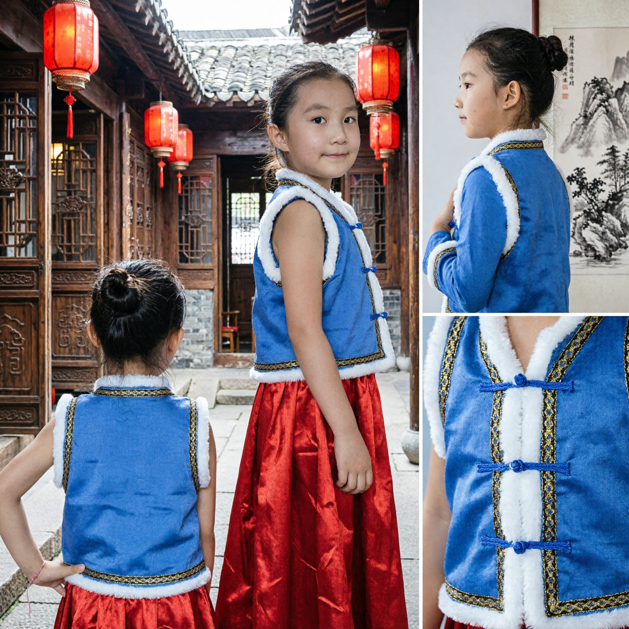 Kids Traditional Chinese Blue Ethnic Vest with White Fur Trim Folk Dance Performance Costume for Girls - Asian Costume