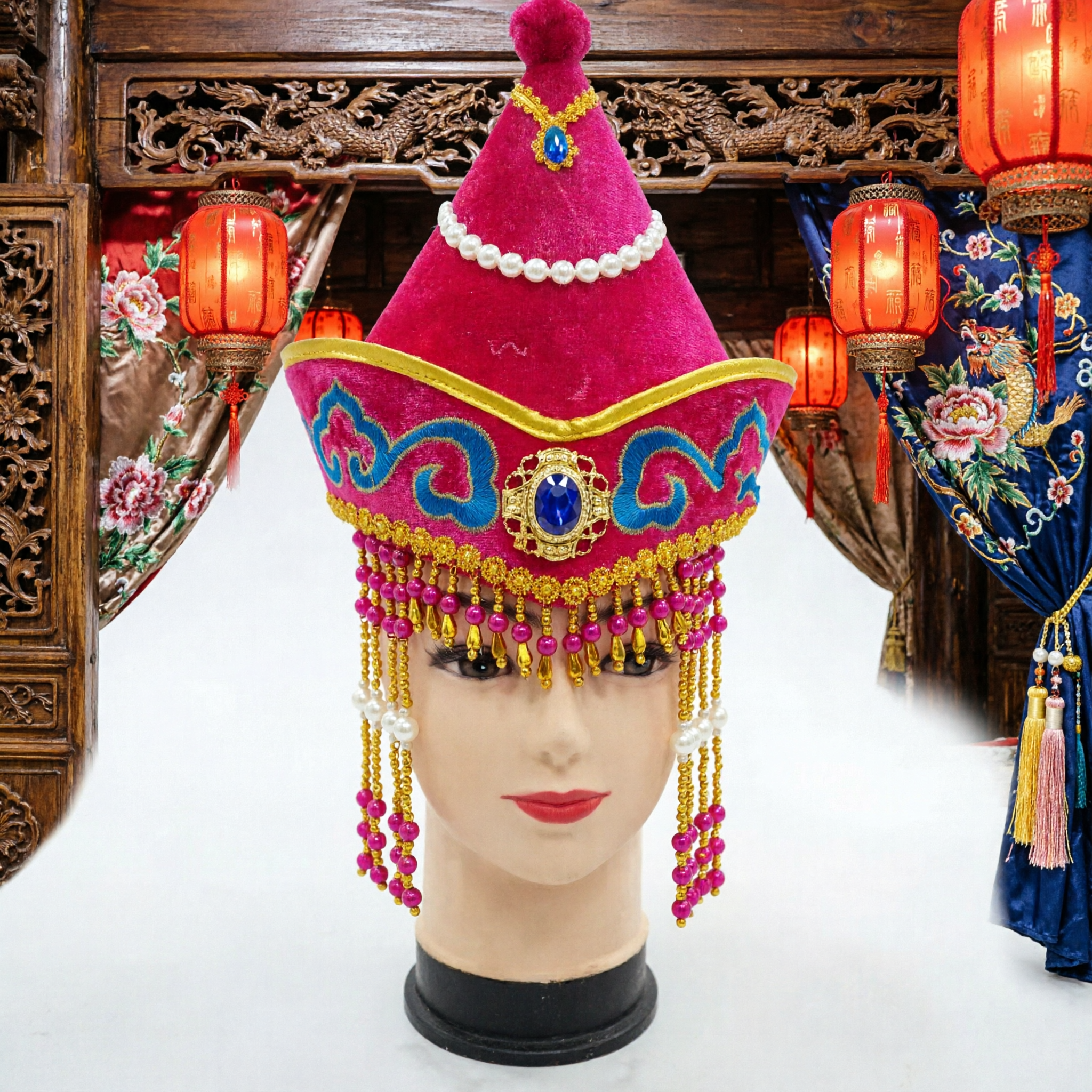 Traditional Chinese Mongolian Ethnic Dance Hat Pink Stage Performance Headdress with Beaded Fringe for Women - Asian Costume