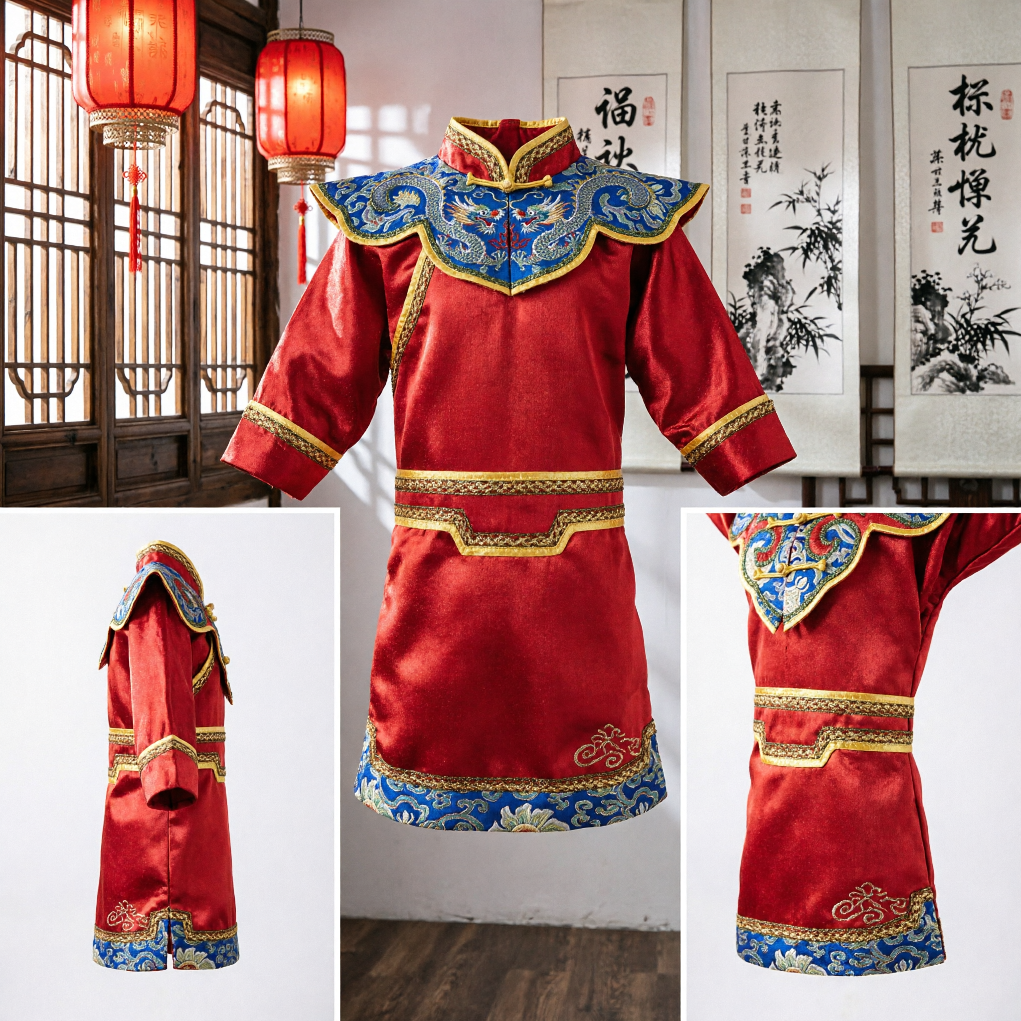 Red Traditional Chinese Dragon Embroidery Costume for Kids Boys Girls Festival Opera Performance - Asian Costume