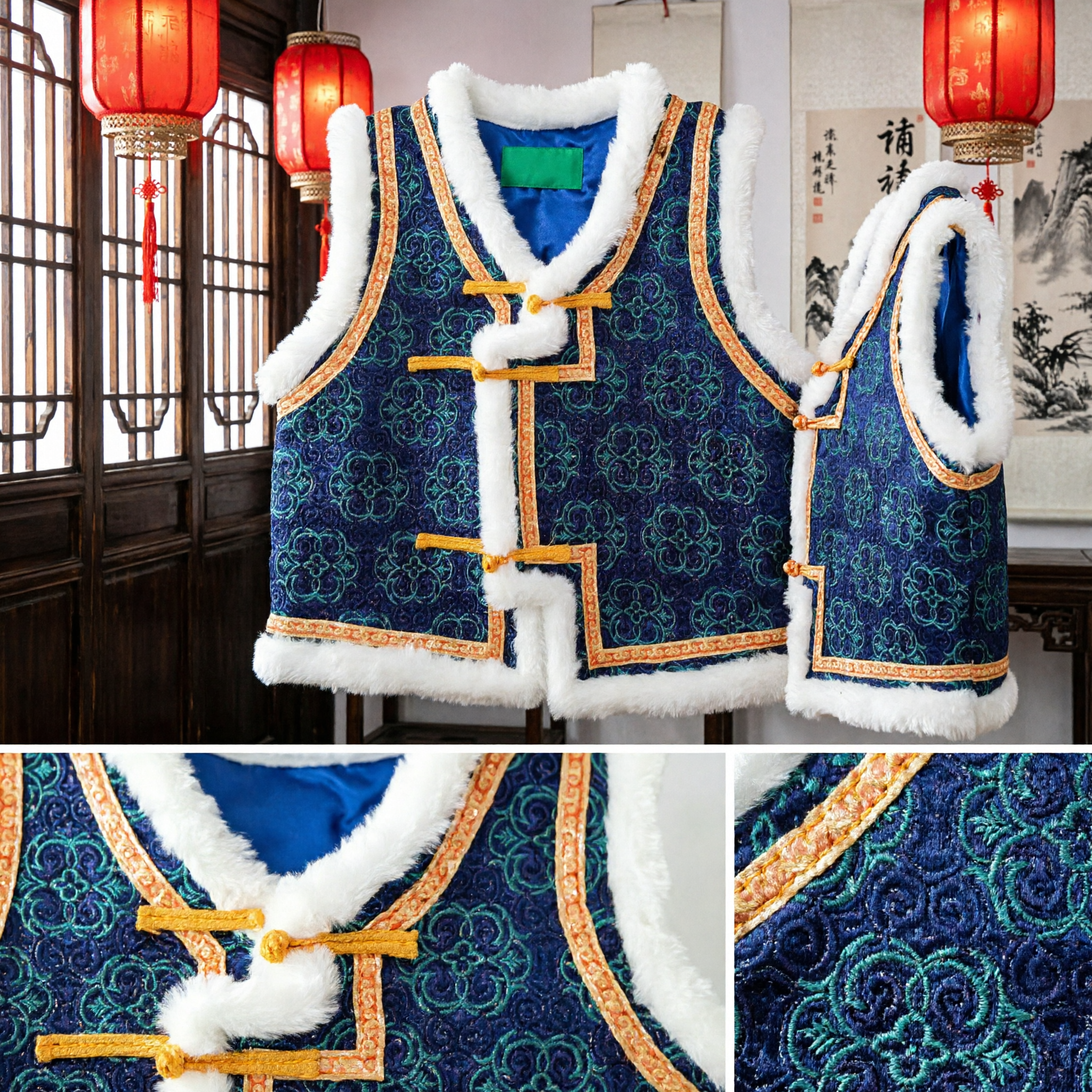 Traditional Chinese Blue Brocade Vest for Kids Winter Warm Mongolian Style Ethnic Dance Costume Waistcoat - Asian Costume