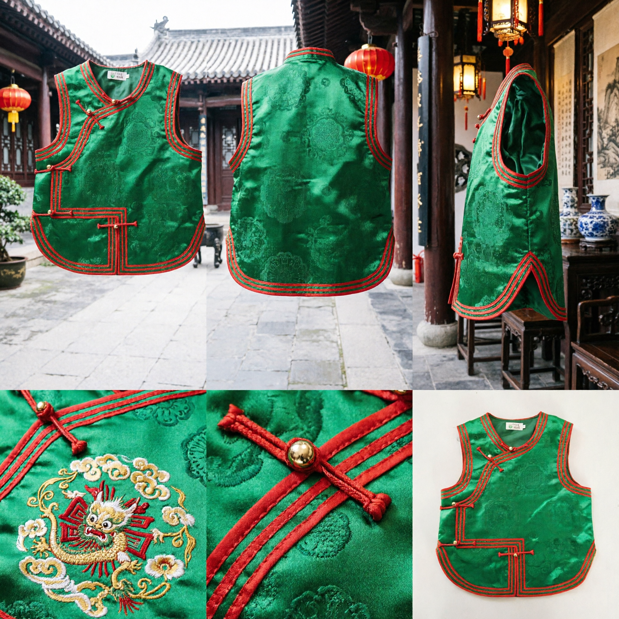 Traditional Chinese Green Brocade Waistcoat Tang Suit Vest for Children Folk Dance Festival Costume - Asian Costume