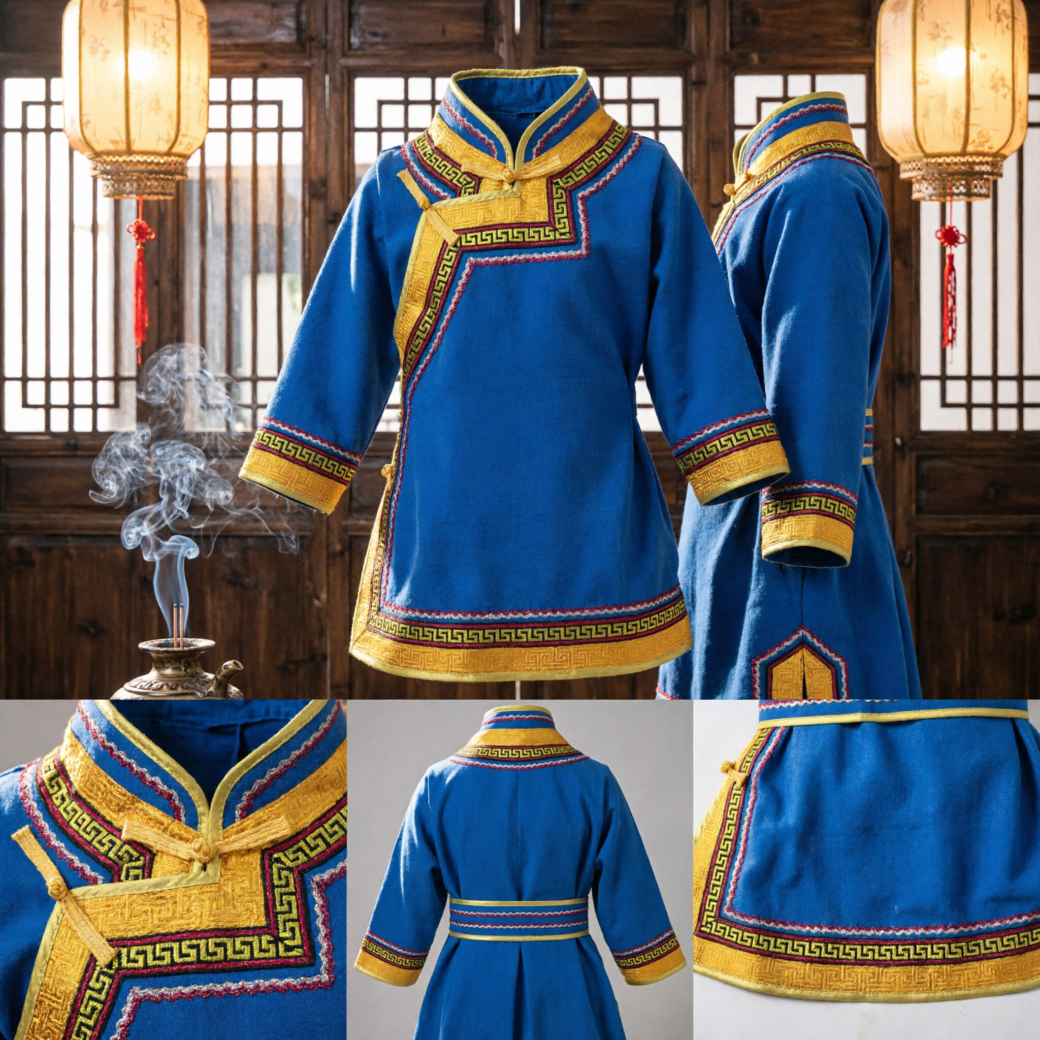 Bright Blue Traditional Mongolian Robe Costume with Gold Trim for Ethnic Dance and Folk Performance - Asian Costume