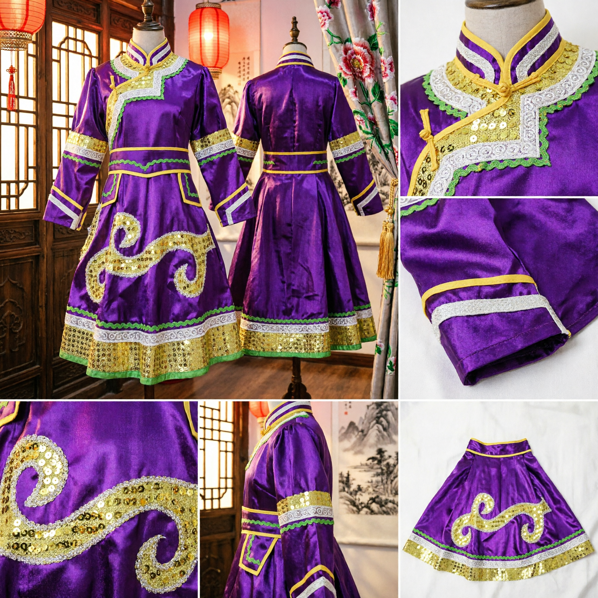 Traditional Chinese Purple Satin Mongolian Dance Costume with Gold Sequin Trim for Stage Performance - Asian Costume