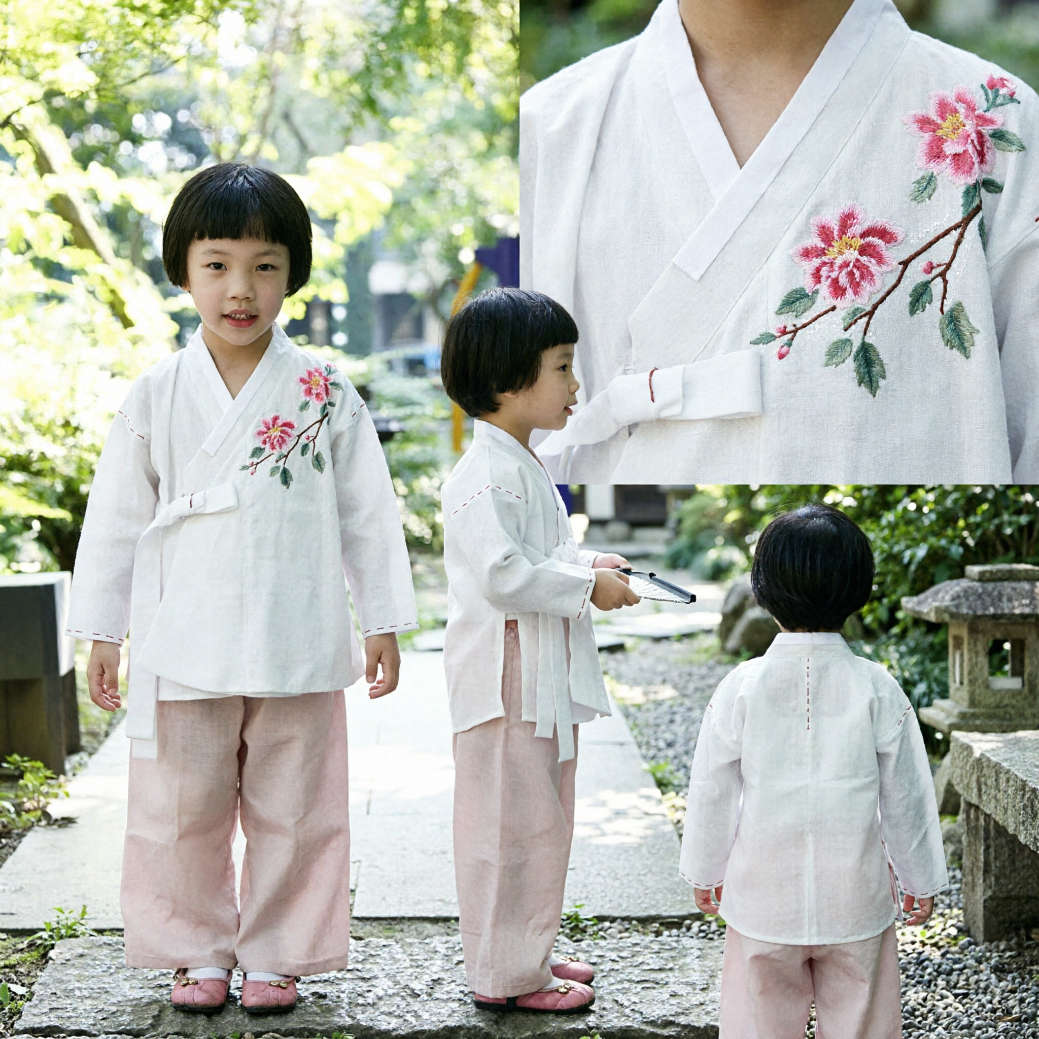 Kids Traditional Chinese Hanfu Costume White Embroidered Top and Pink Pants Set for Boys Girls Martial Arts Performance - Asian Costume