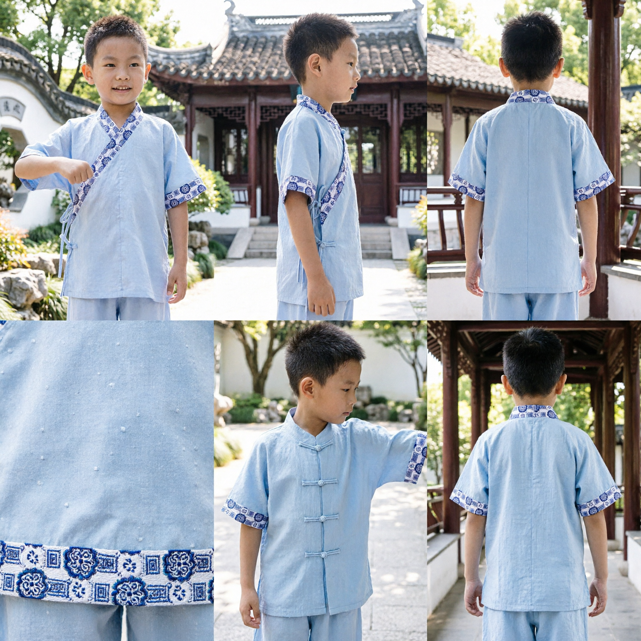 Kids Boys Traditional Chinese Kung Fu Uniform Tai Chi Suit Blue Cotton Martial Arts Costume - Asian Costume
