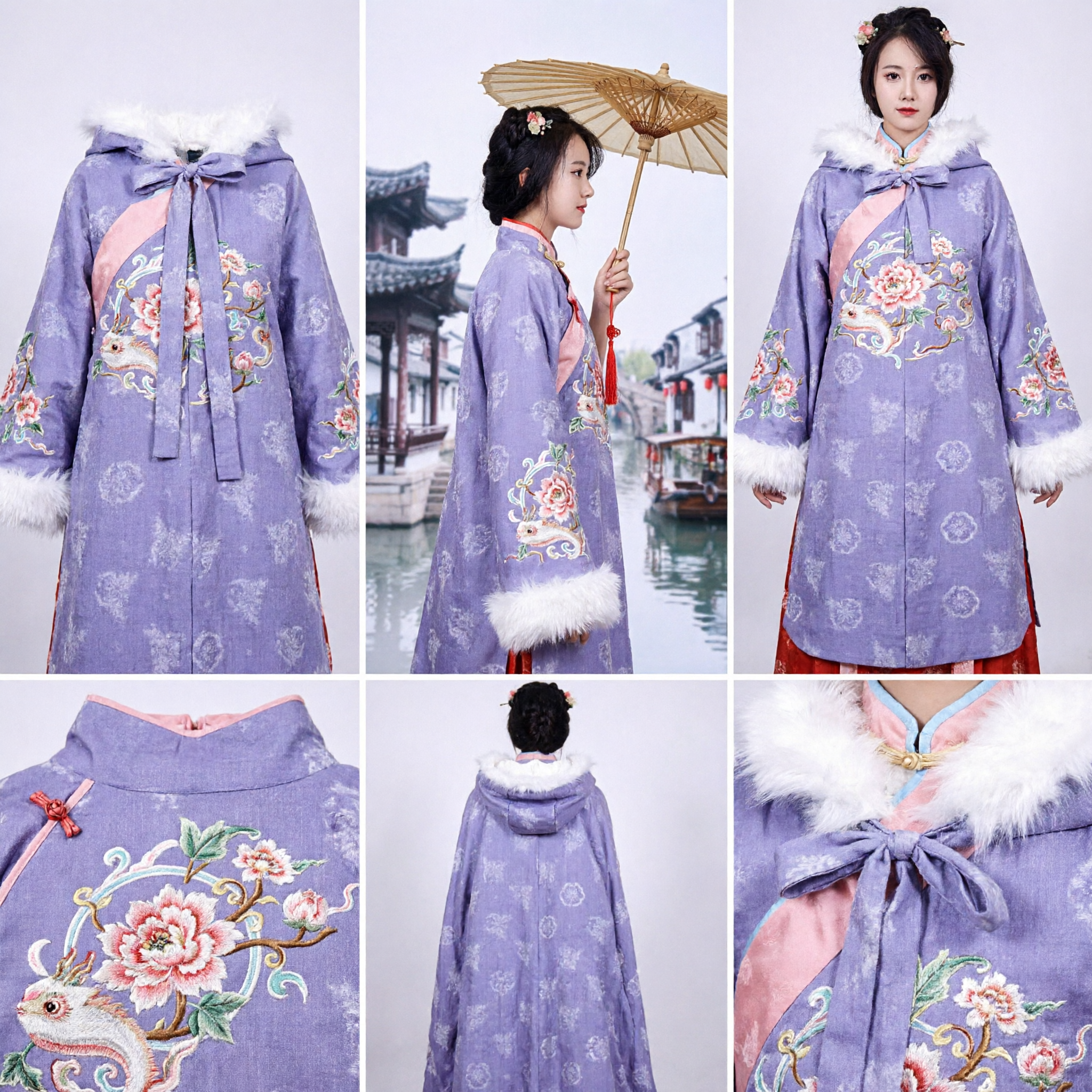 Traditional Chinese Hanfu Purple Fur Trim Cloak Winter Doupeng Cape for Women Ancient Costume Cosplay - Asian Costume