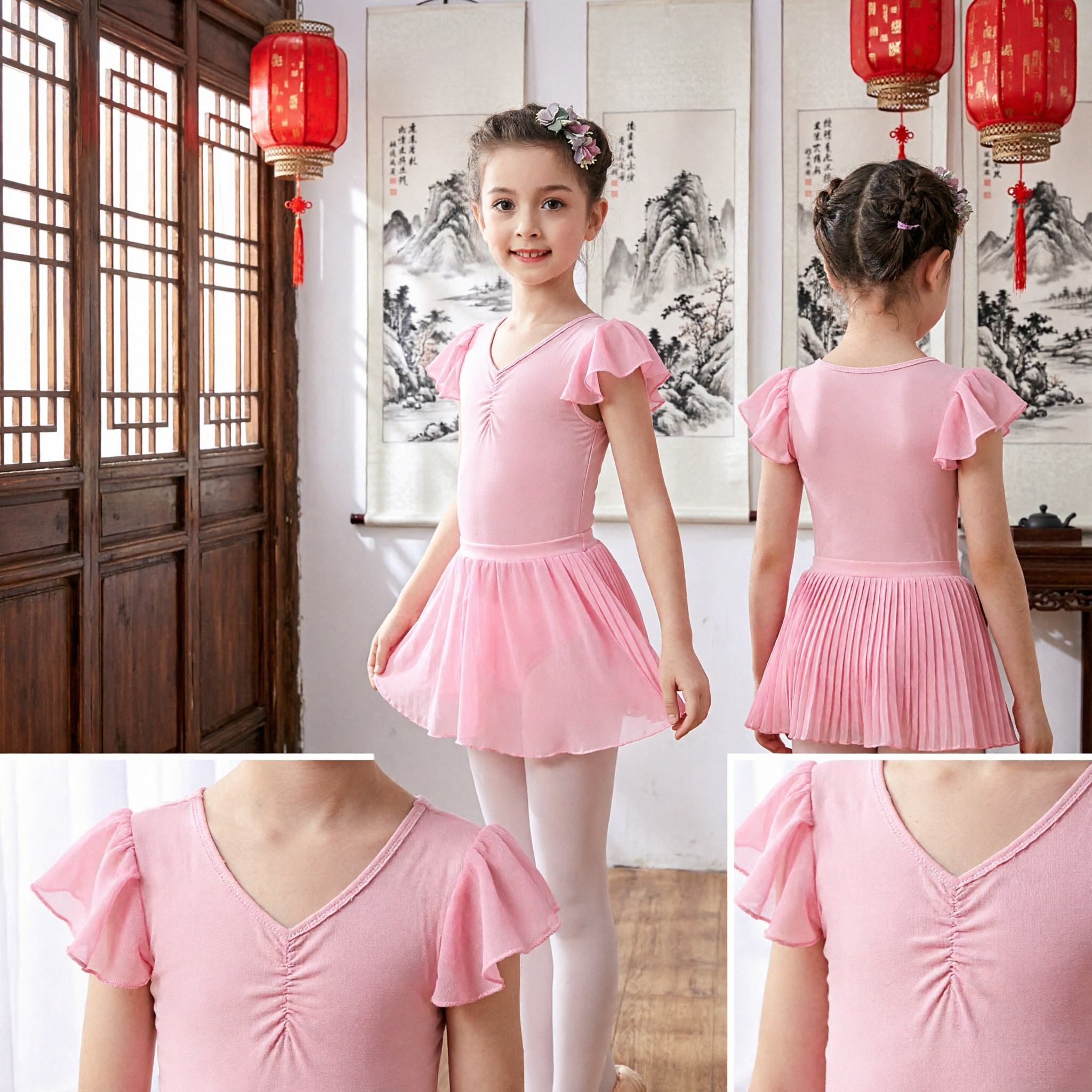 Pink Girls Ballet Leotard with Ruffled Skirt Short Sleeve Dance Dress for Kids Class Performance - Asian Costume