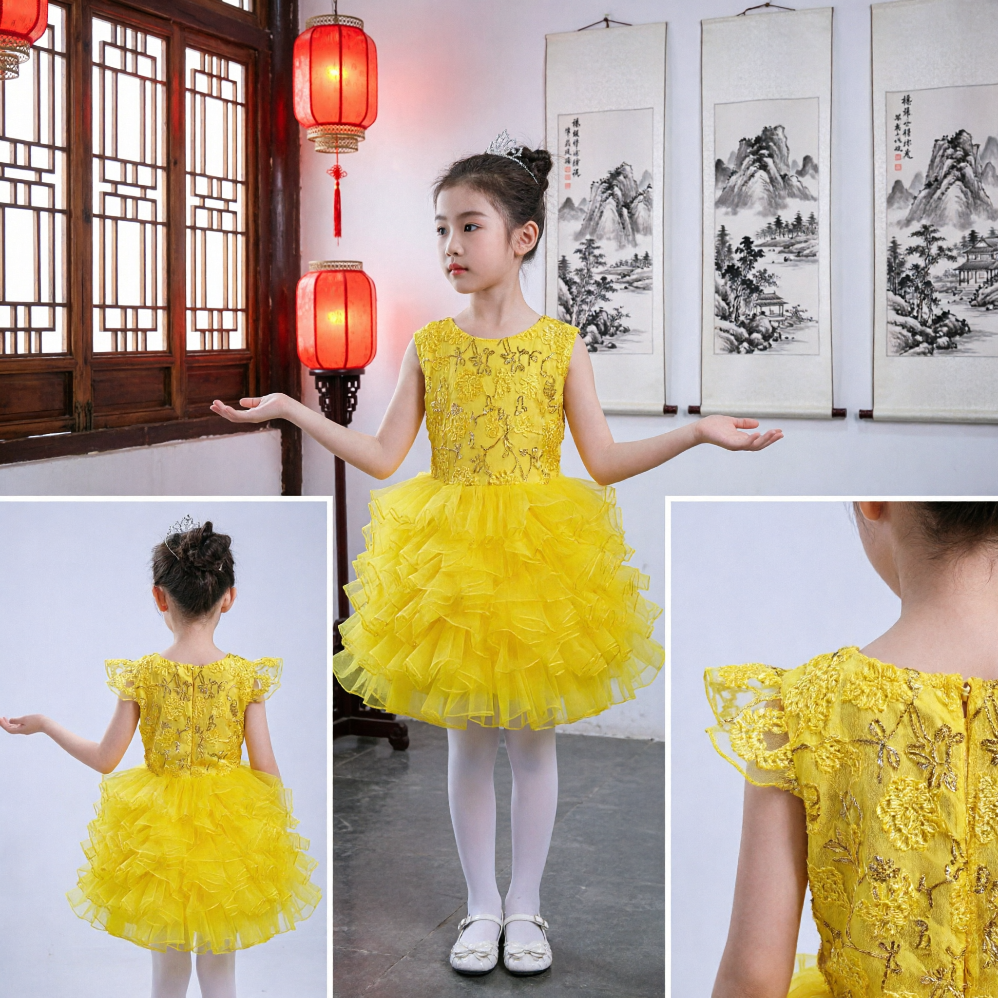 Kids Yellow Sequin Bodice Ruffled Tulle Dress Girls Stage Dance Performance Princess Costume - Asian Costume