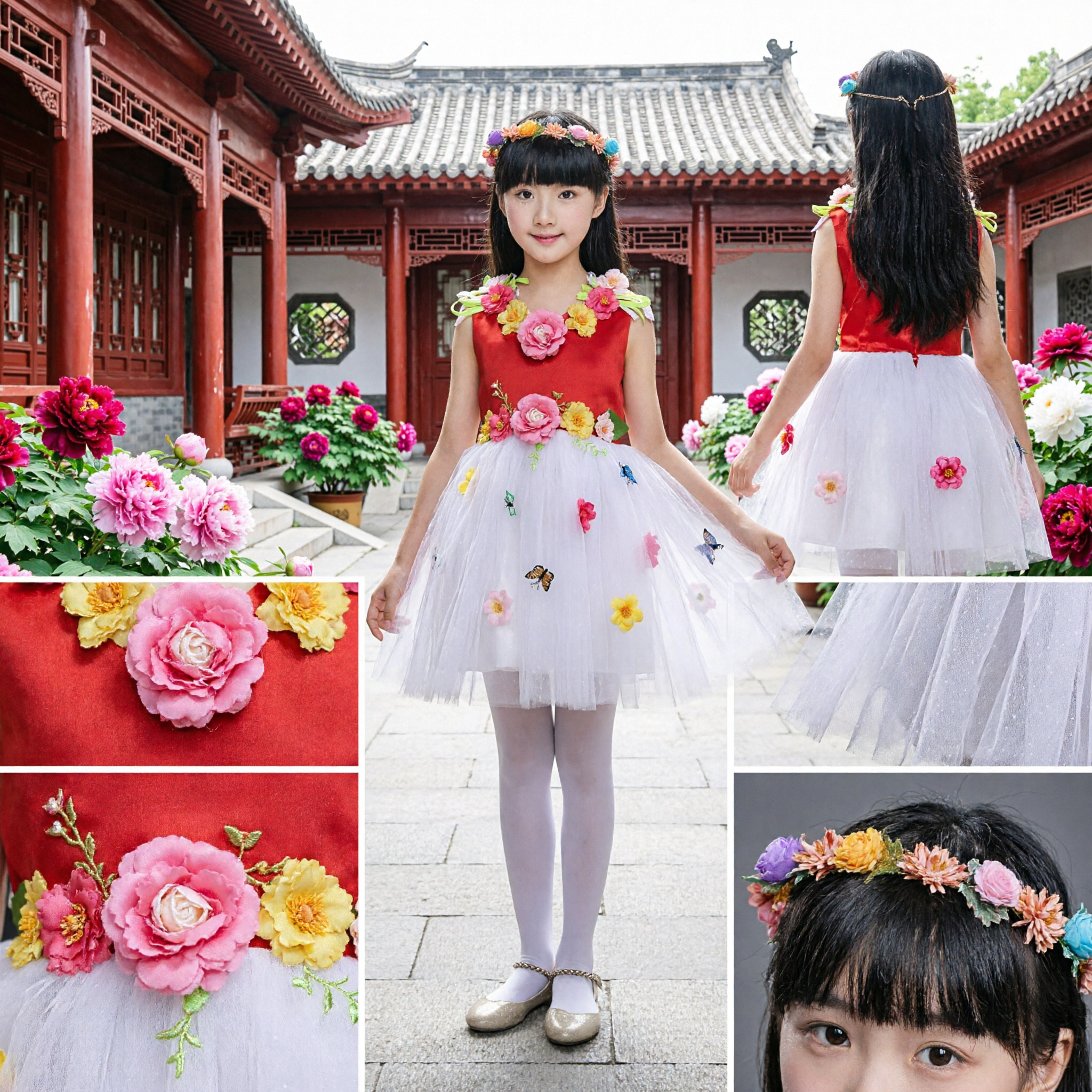 Girls Red Floral Bodice White Tulle Tutu Skirt Stage Performance Dress for Dance Recital and Choir - Asian Costume