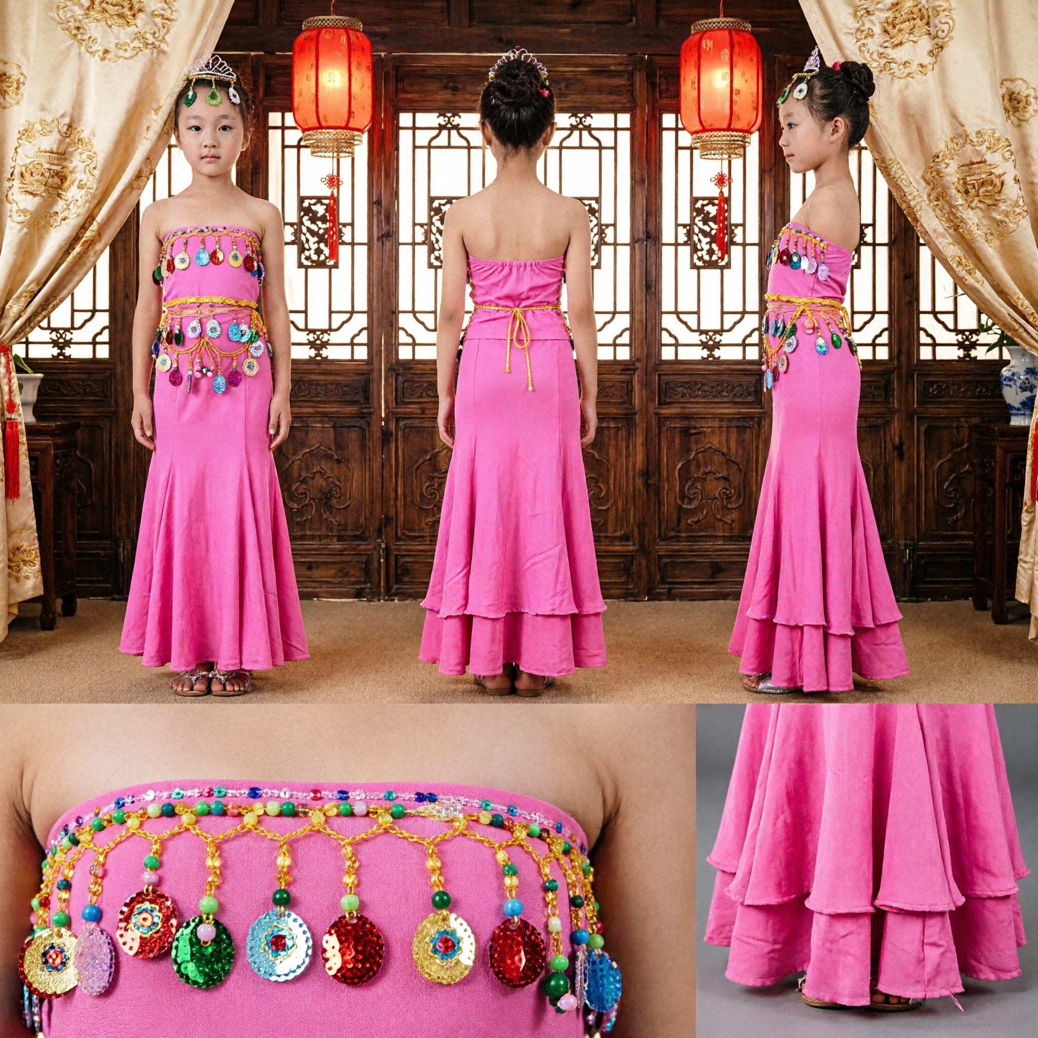 Girls Traditional Chinese Dai Ethnic Peacock Dance Costume Pink Long Dress Stage Performance Outfit - Asian Costume
