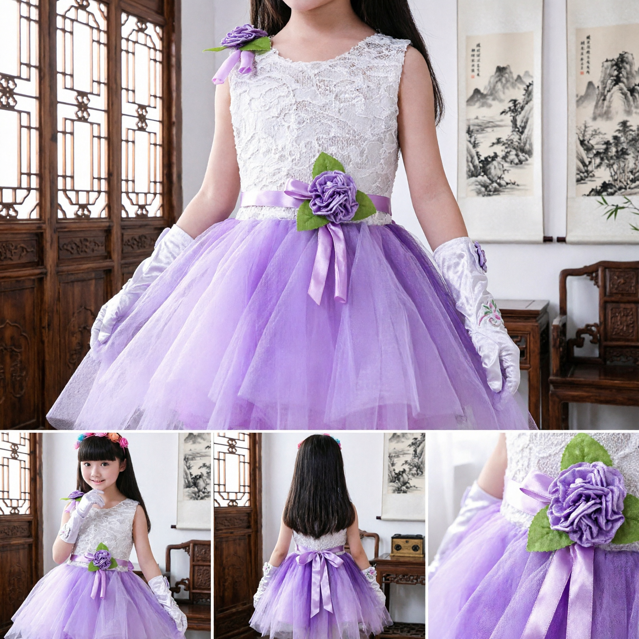 Girls Silver Sequin Bodice Purple Tulle Tutu Dress with Floral Headband for Stage Performance - Asian Costume