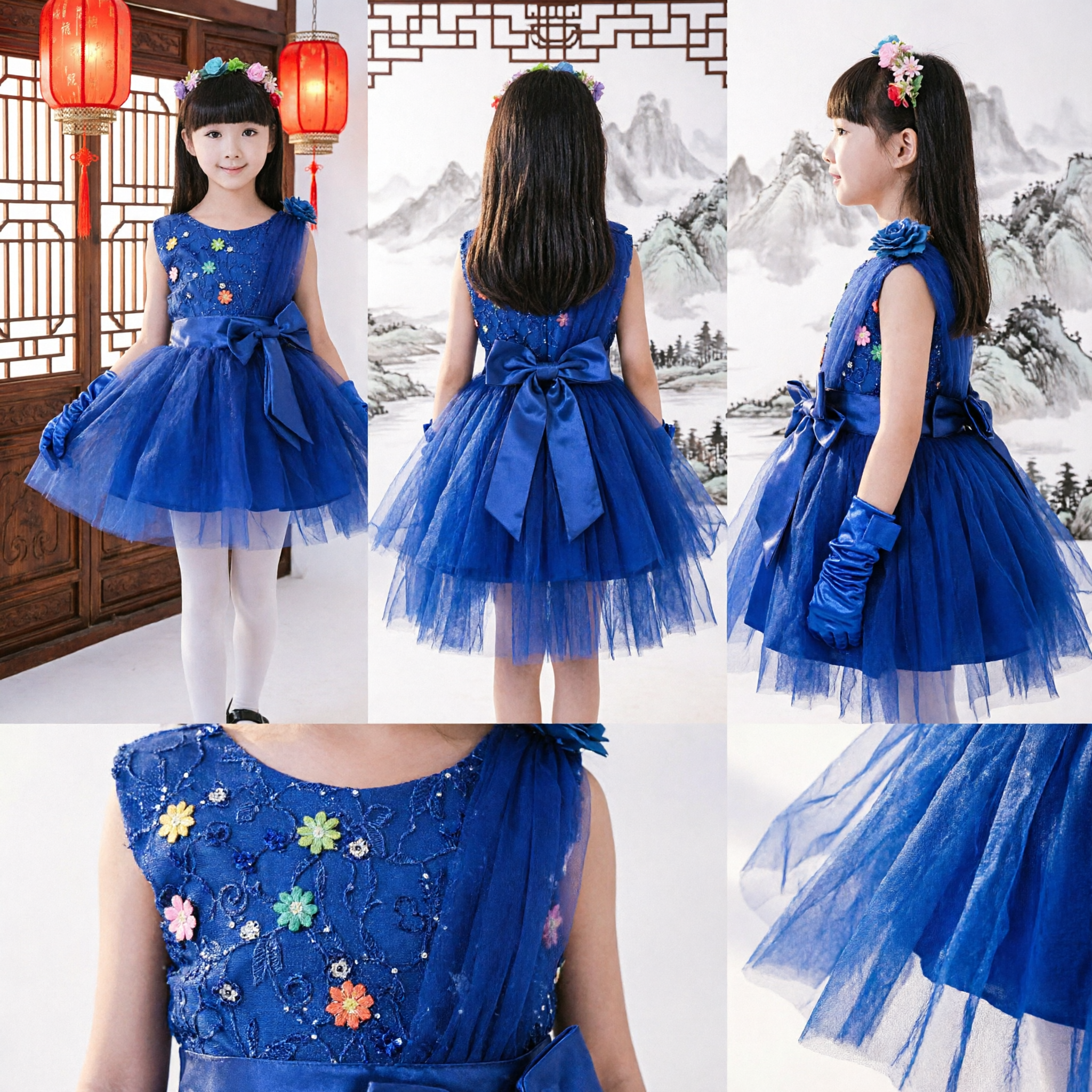 Royal Blue Girls Tutu Dress Sequin Bodice Tulle Skirt Bow Party Performance Stage Costume - Asian Costume