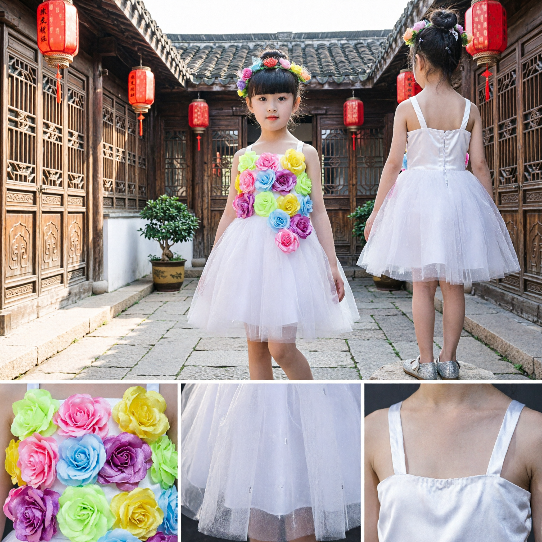 Kids Girls White Tulle Dress Colorful 3D Rose Flowers Party Performance Stage Costume Flower Girl Outfit - Asian Costume
