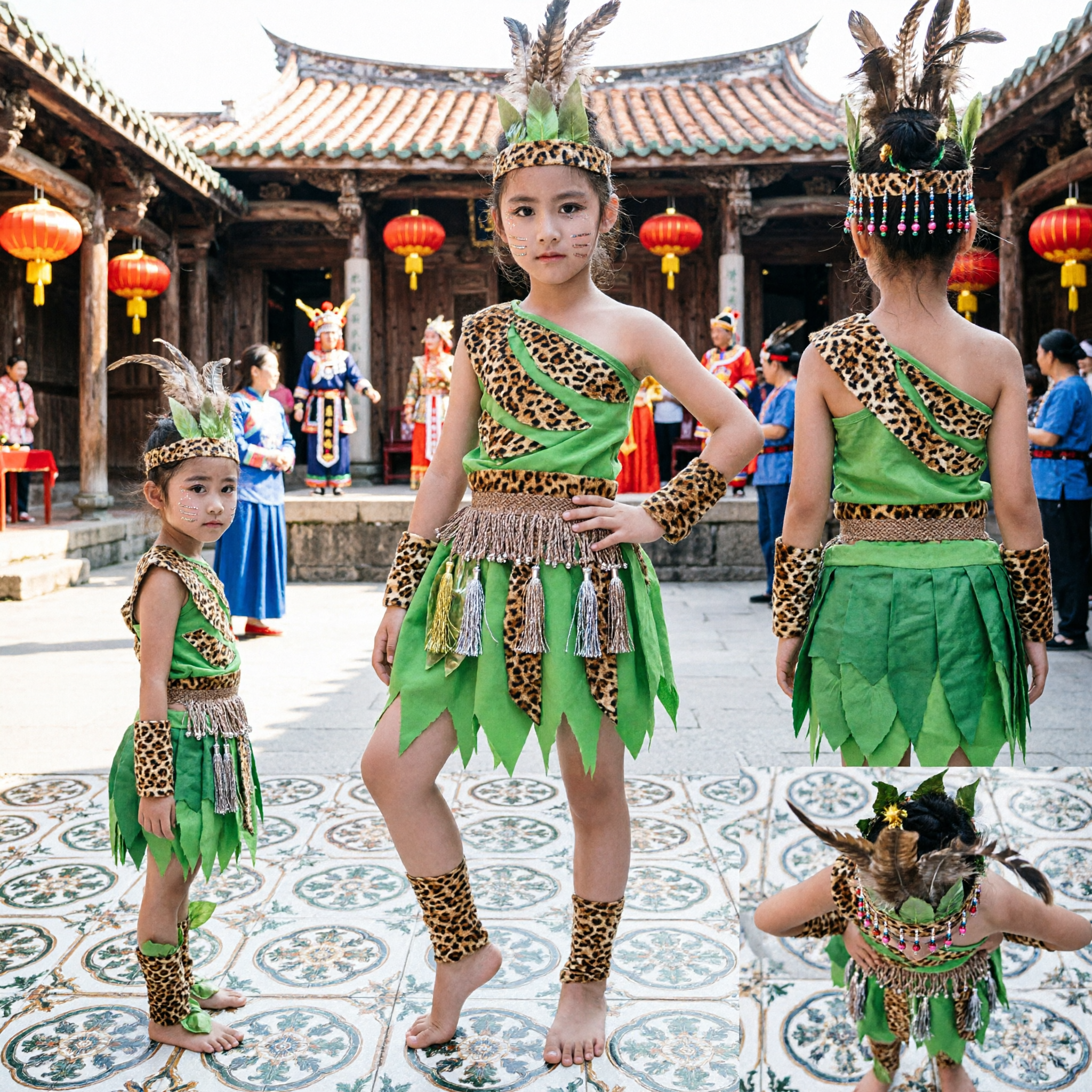 Girls Green Jungle Safari Leopard Print Dance Costume Kids Animal Stage Performance Outfit - Asian Costume