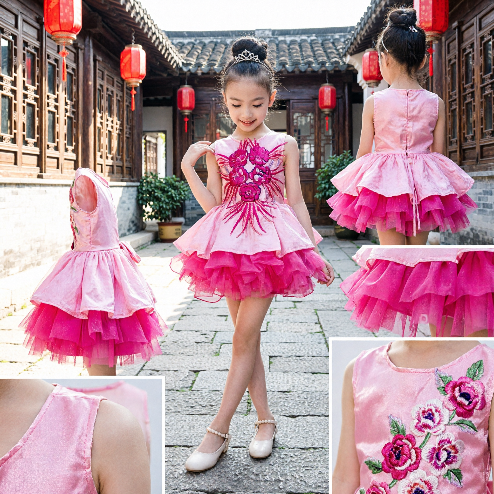 Girls Latin Dance Dress with Large Pink Flower Applique and Ruffled Skirt for Kids Stage Performance - Asian Costume
