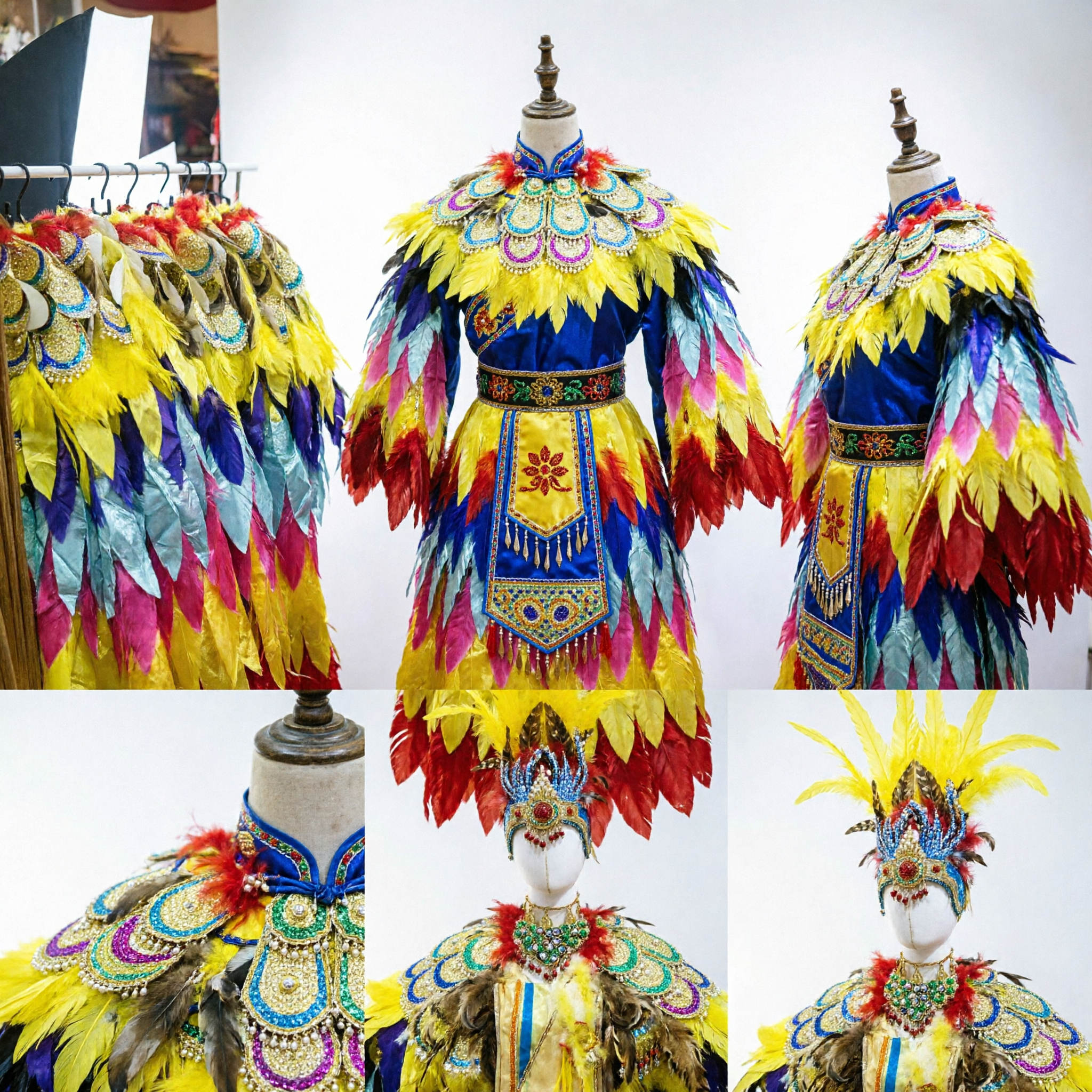 Women's Traditional Chinese Phoenix Dance Costume with Elaborate Feather Headdress and Wings for Stage Performance - Asian Costume