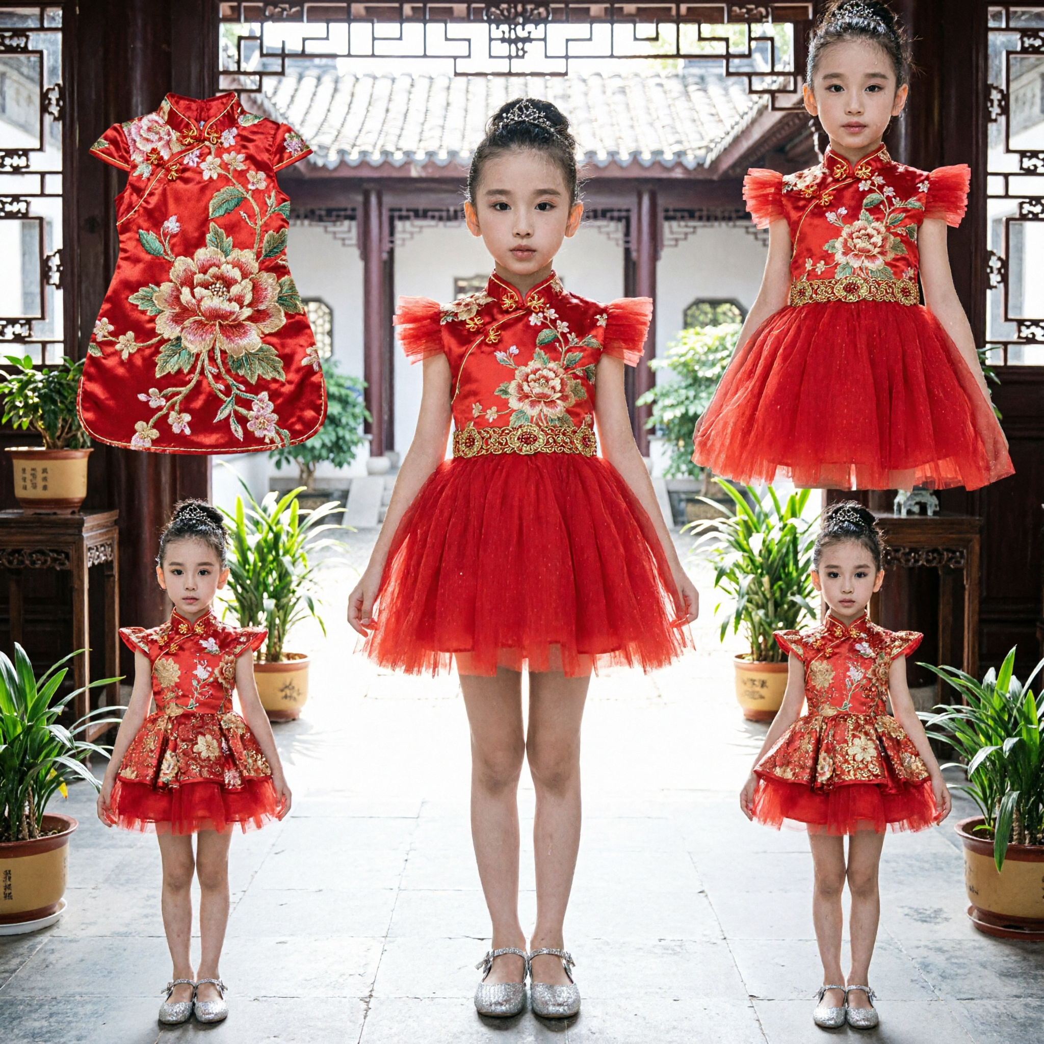 Girls Red Floral Cheongsam Dress Modern Chinese Qipao Wedding Party Performance Costume - Asian Costume