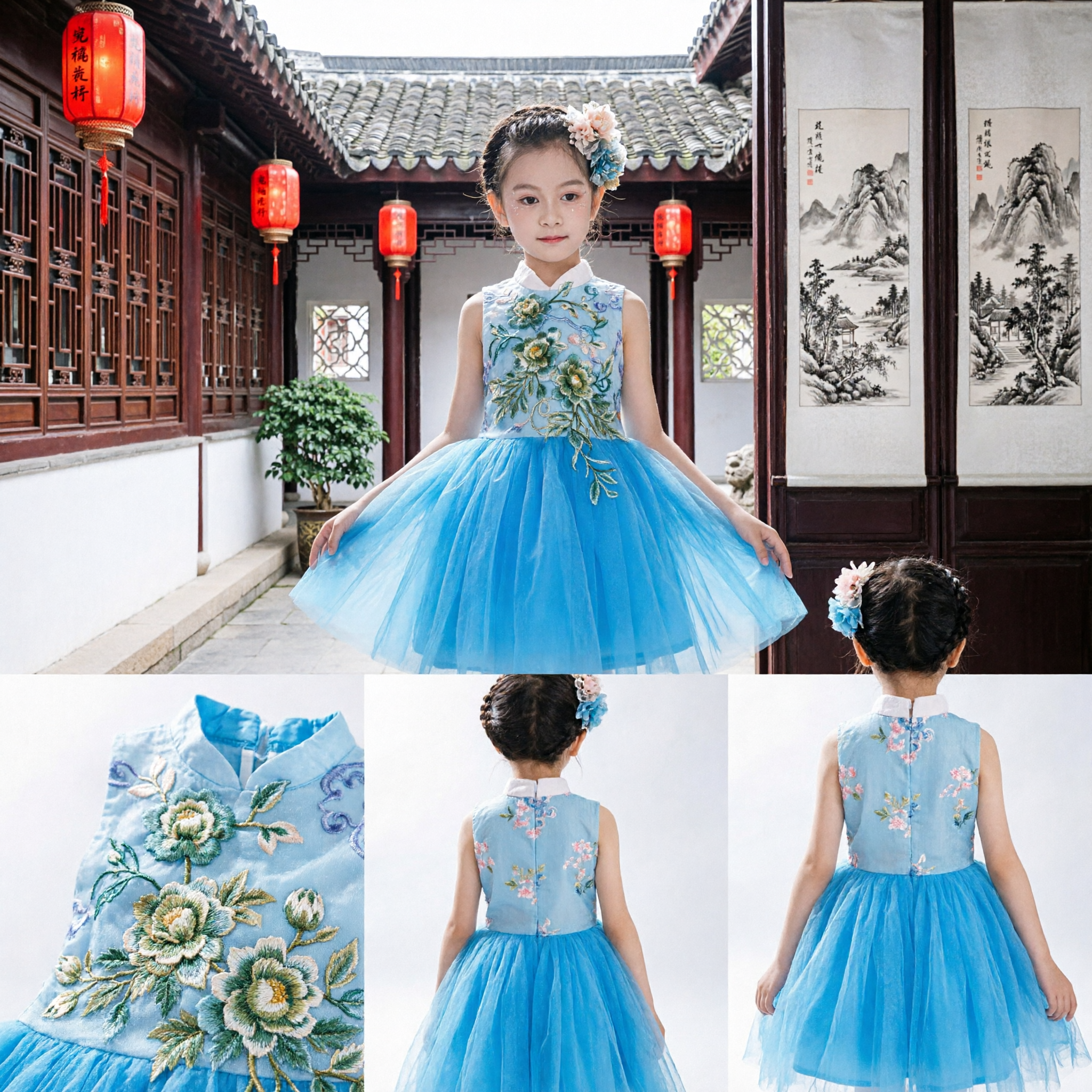 Kids Girls Blue Chinese Cheongsam Dress Traditional Qipao Tutu Skirt Embroidered Performance Party Costume - Asian Costume