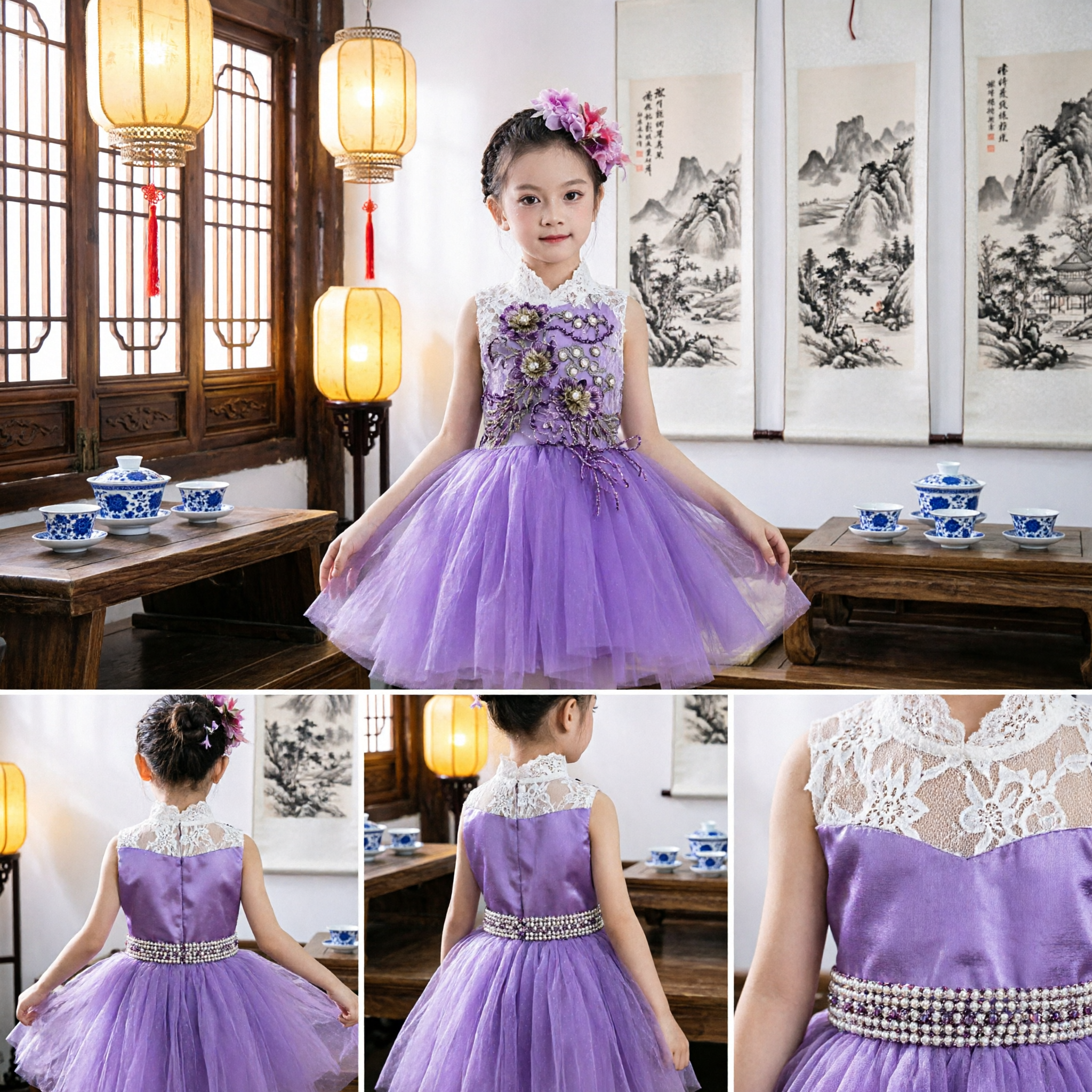 Kids Purple Floral Embroidered Tulle Dress Sleeveless Princess Gown for Wedding Party Stage Performance - Asian Costume
