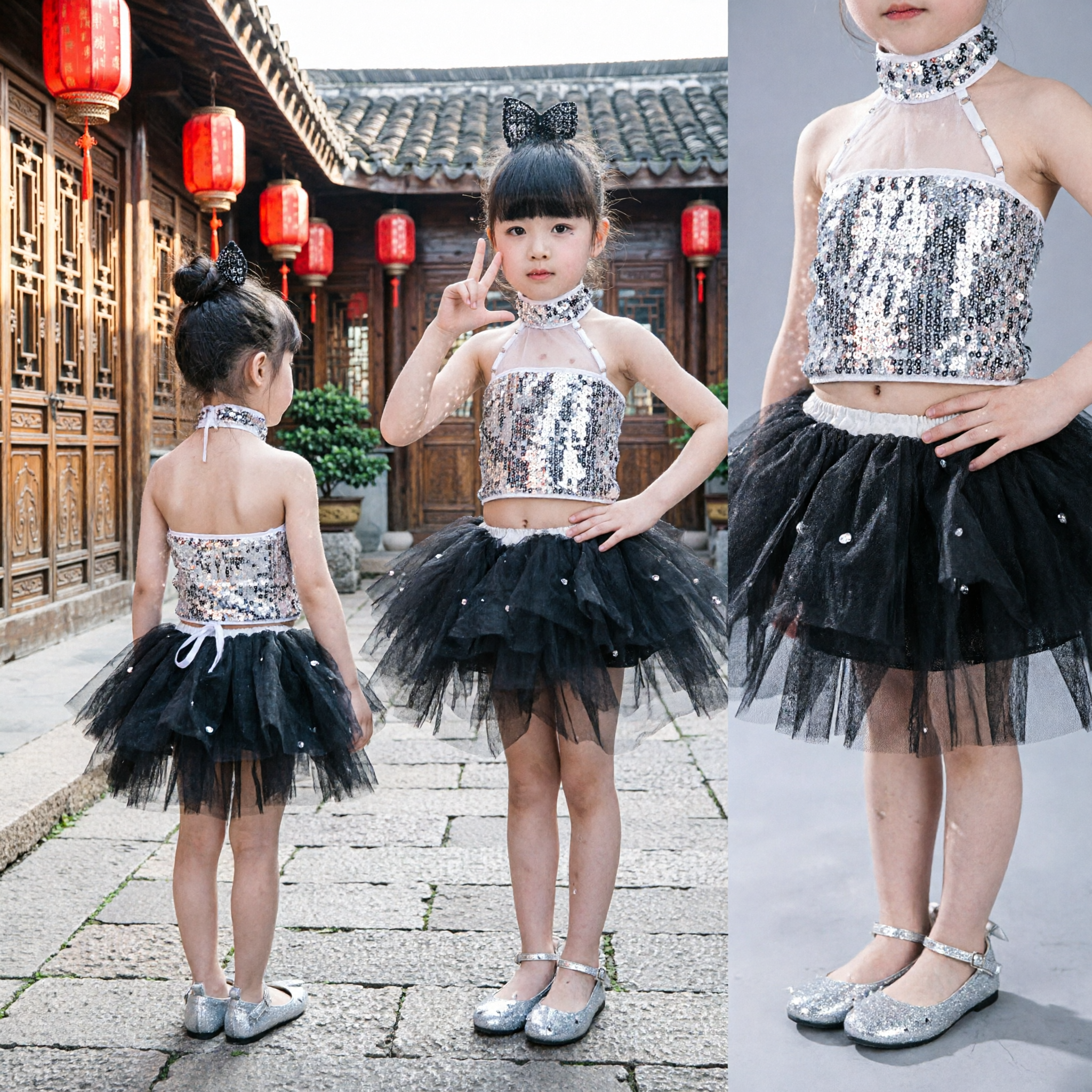 Girls Silver Sequin Jazz Dance Costume Black Tutu Skirt Set Kids Stage Performance Outfit Wear - Asian Costume