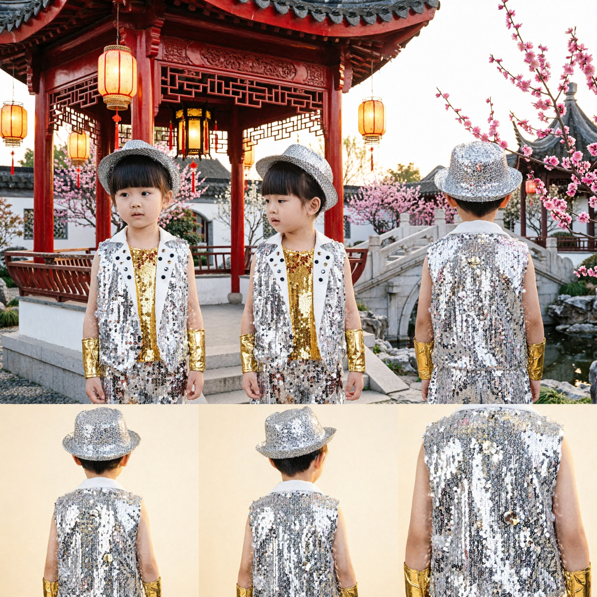 Boys Silver Sequin Jazz Dance Costume Hip Hop Stage Performance Outfit with Hat Vest and Shorts - Asian Costume