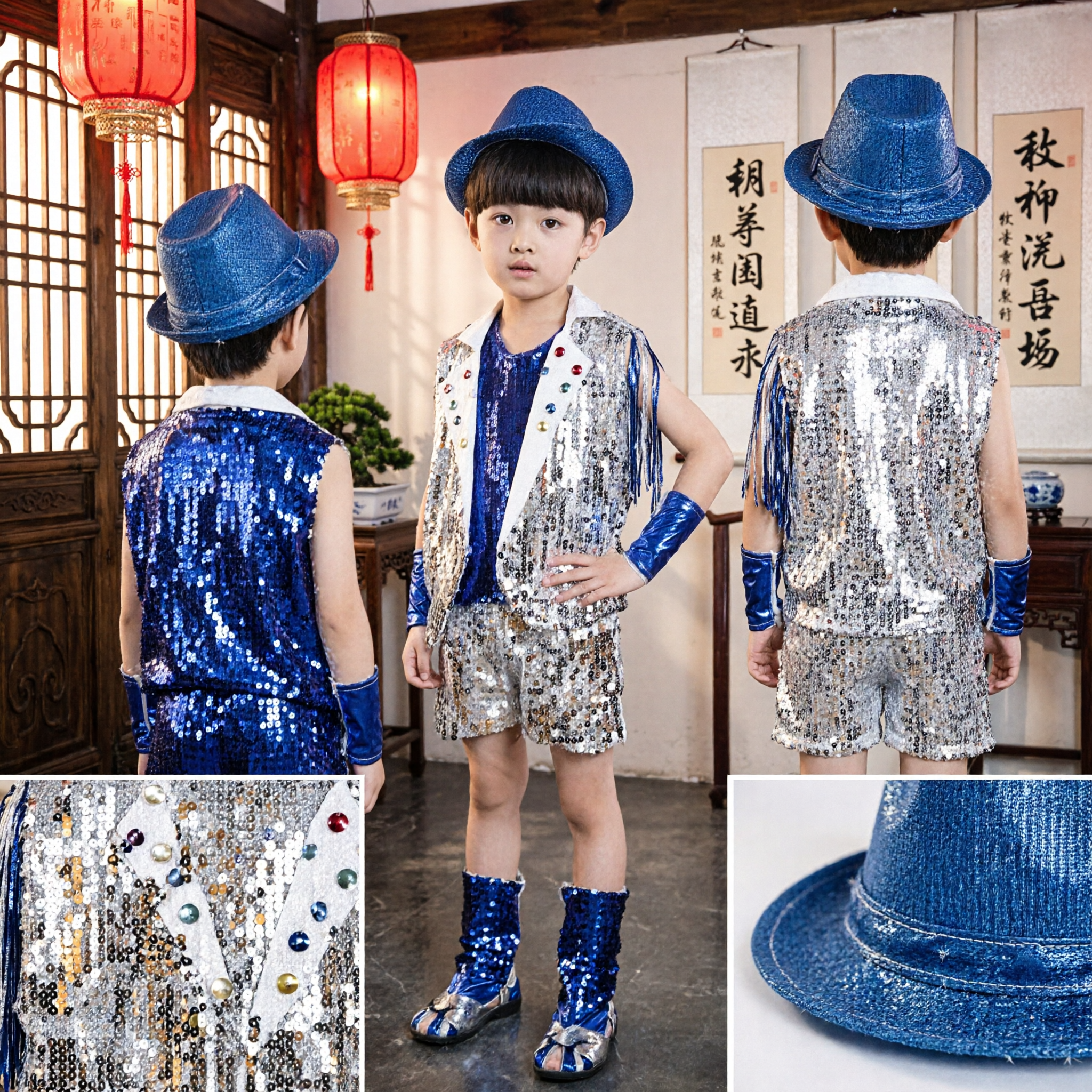Boys Jazz Hip Hop Dance Costume Silver Sequin Stage Performance Suit Set with Hat - Asian Costume