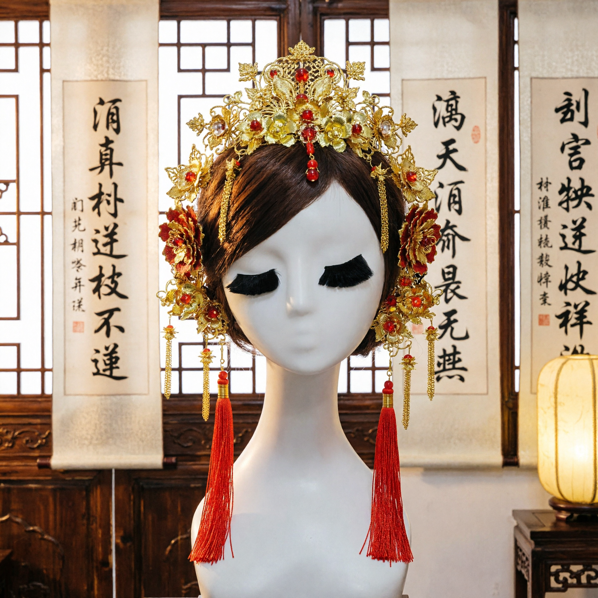 Traditional Chinese Wedding Hair Accessories Set Gold Floral Headdress with Red Tassels for Hanfu Bride - Asian Costume